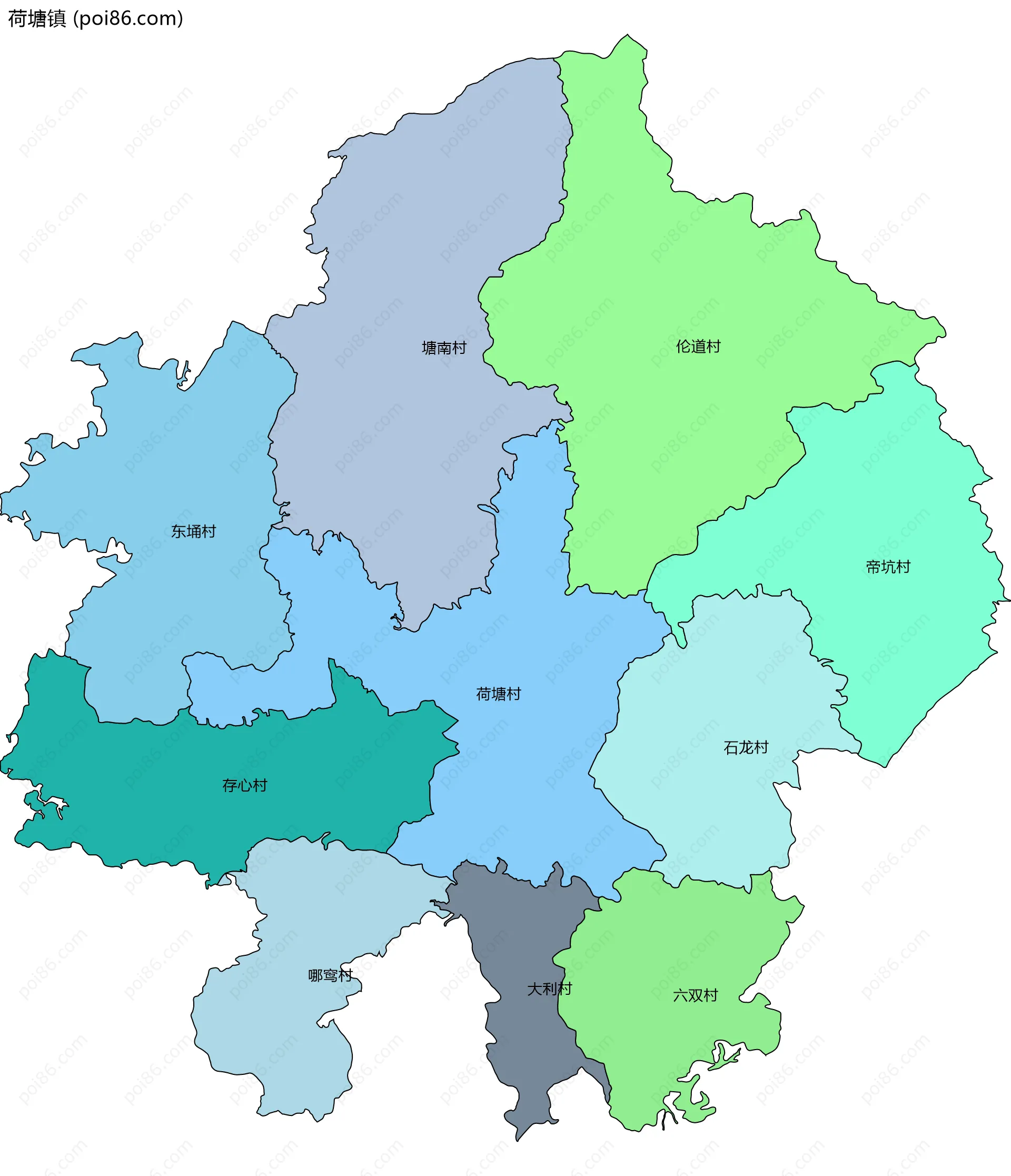 荷塘镇边界地图(五级行政区划)