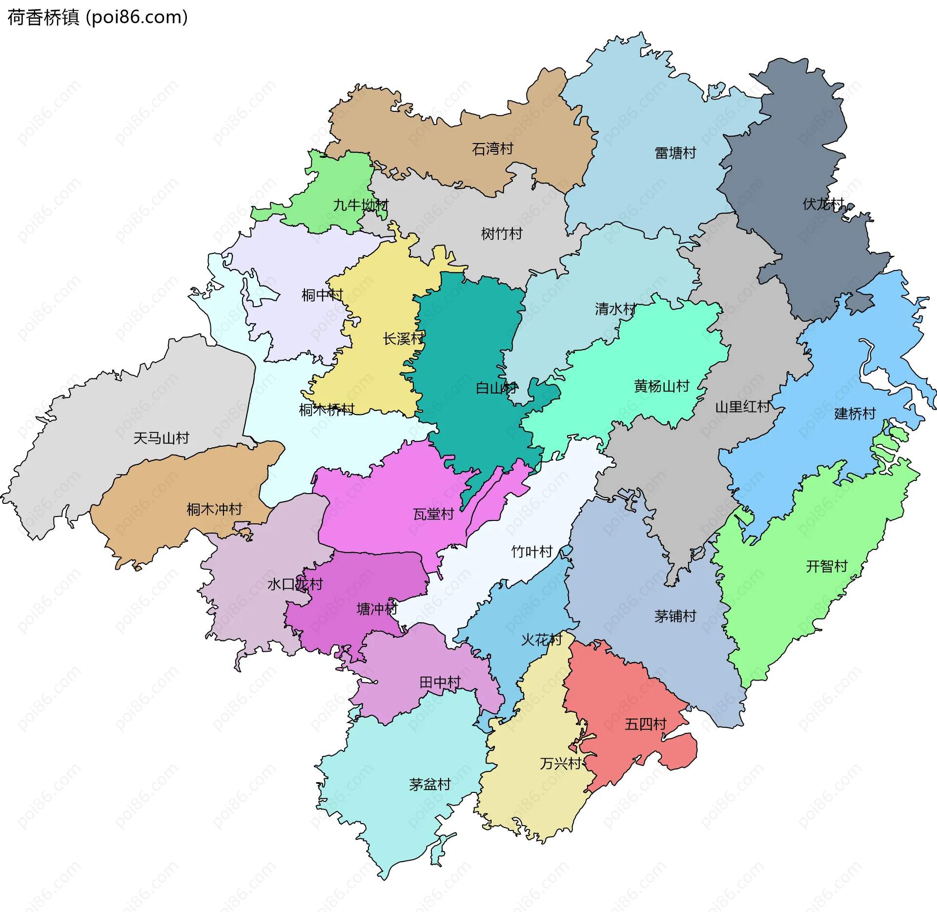 荷香桥镇边界地图(五级行政区划)