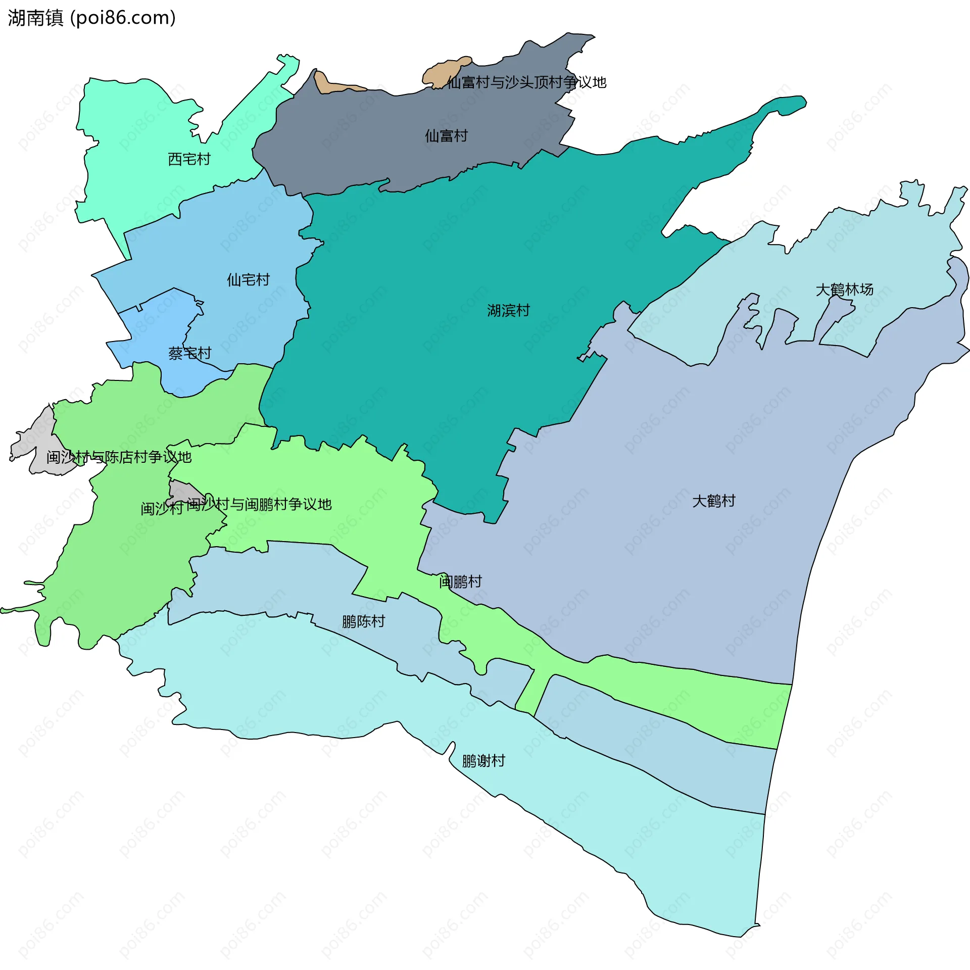 湖南镇边界地图(五级行政区划)