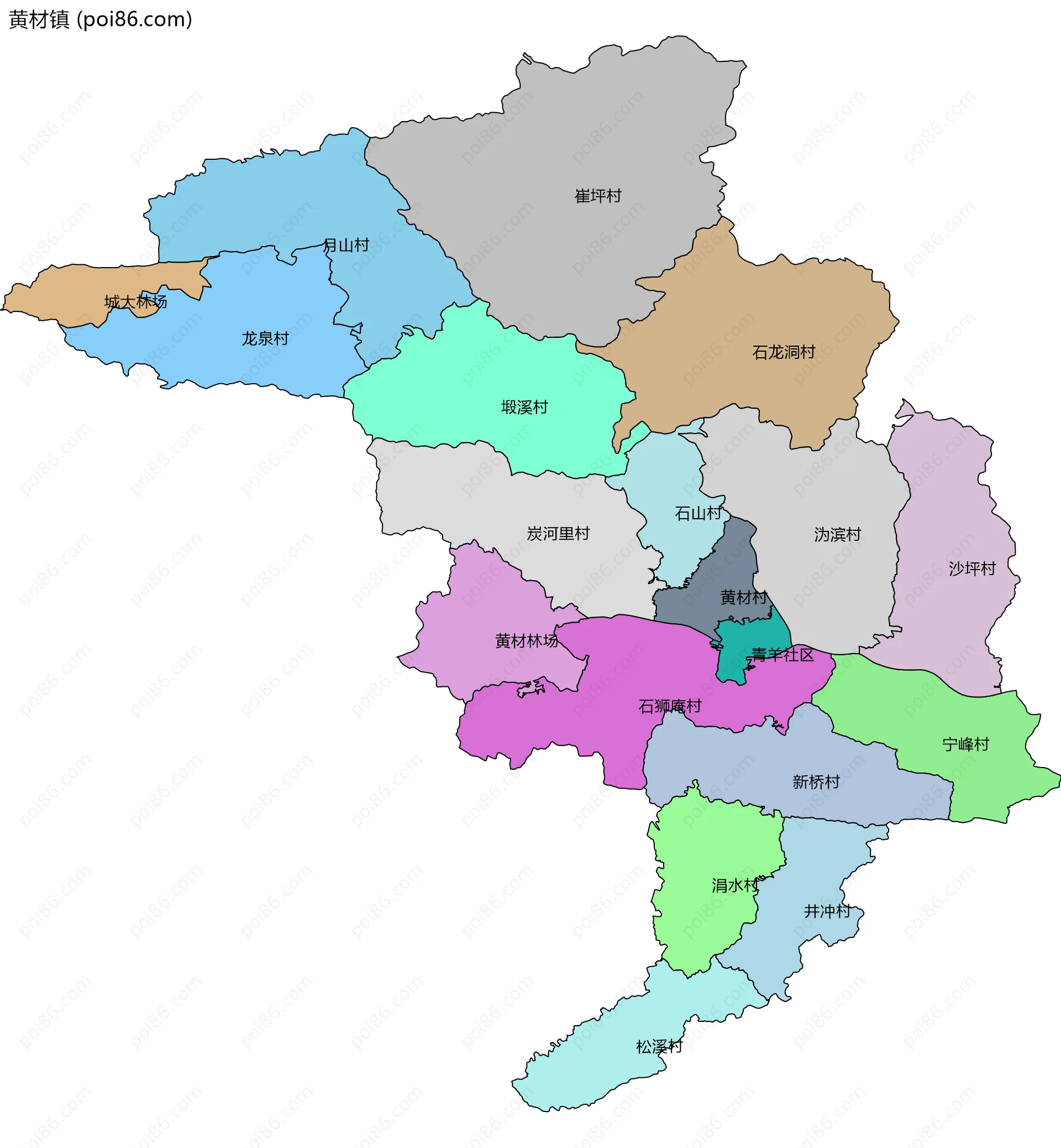 黄材镇边界地图(五级行政区划)