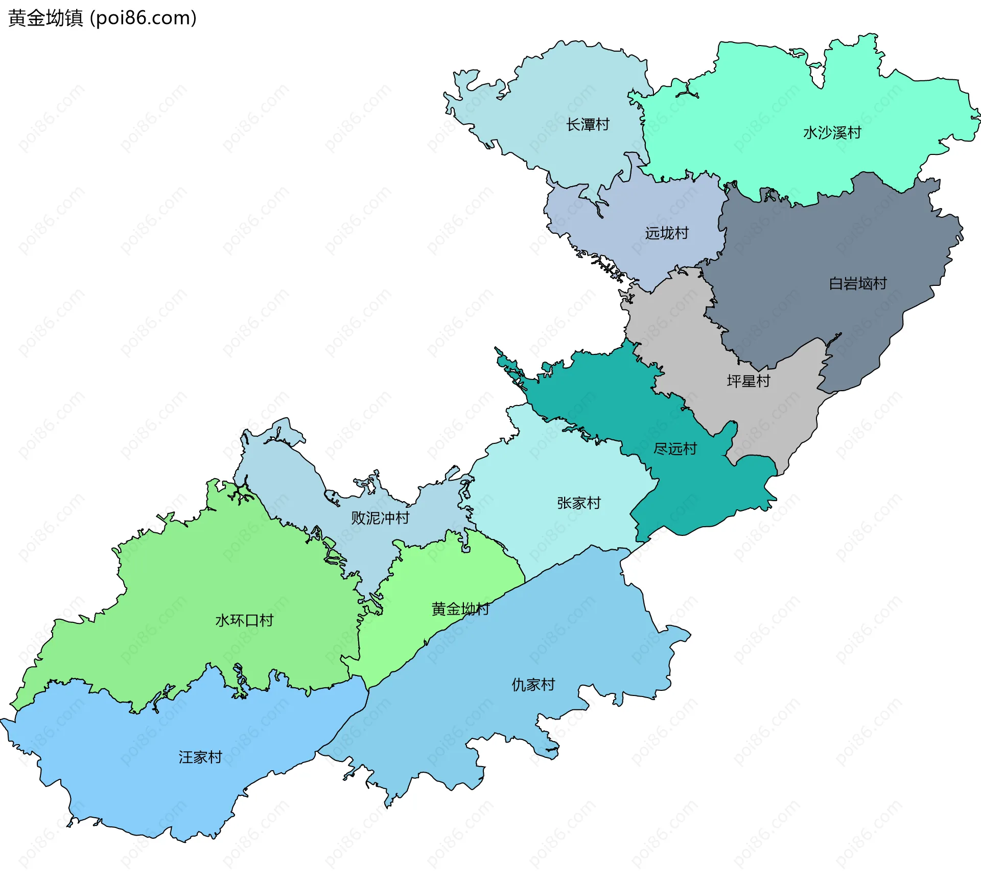 黄金坳镇边界地图(五级行政区划)