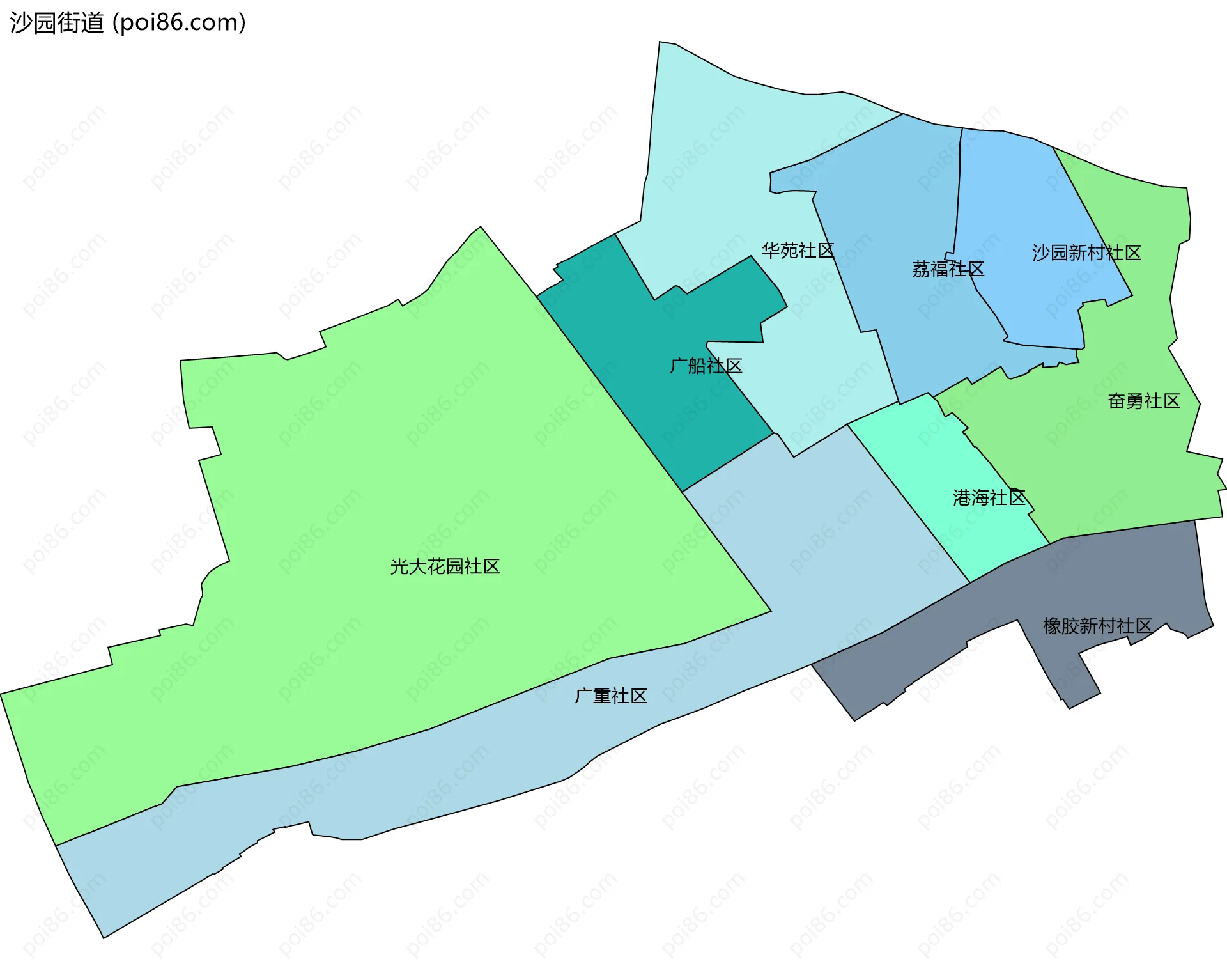 沙园街道边界地图(五级行政区划)