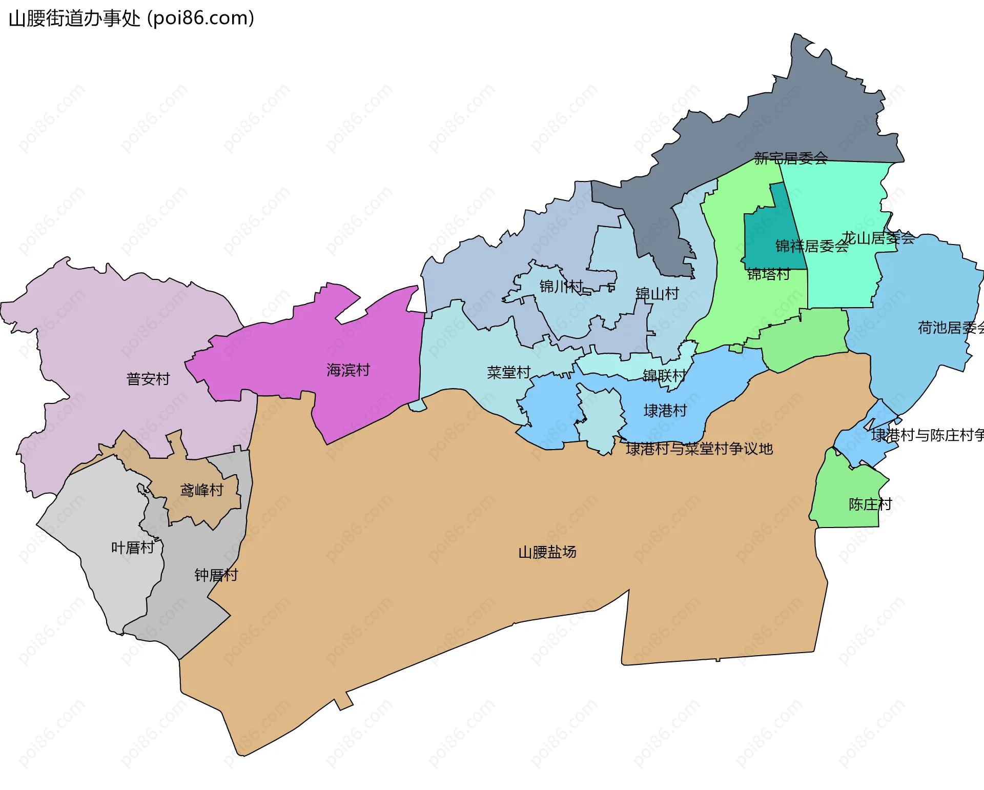 山腰街道办事处边界地图(五级行政区划)