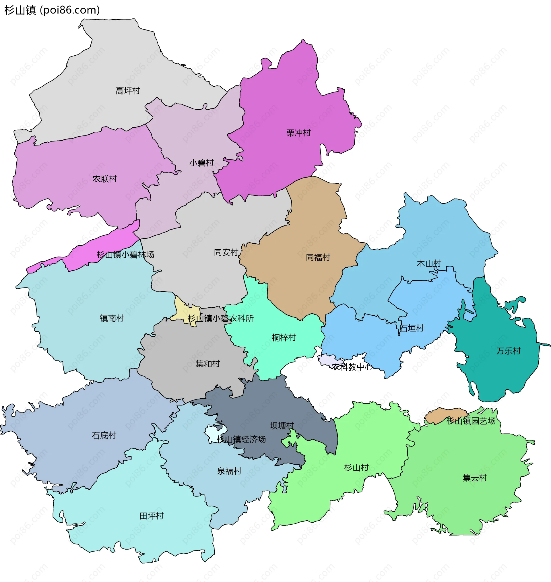 杉山镇边界地图(五级行政区划)