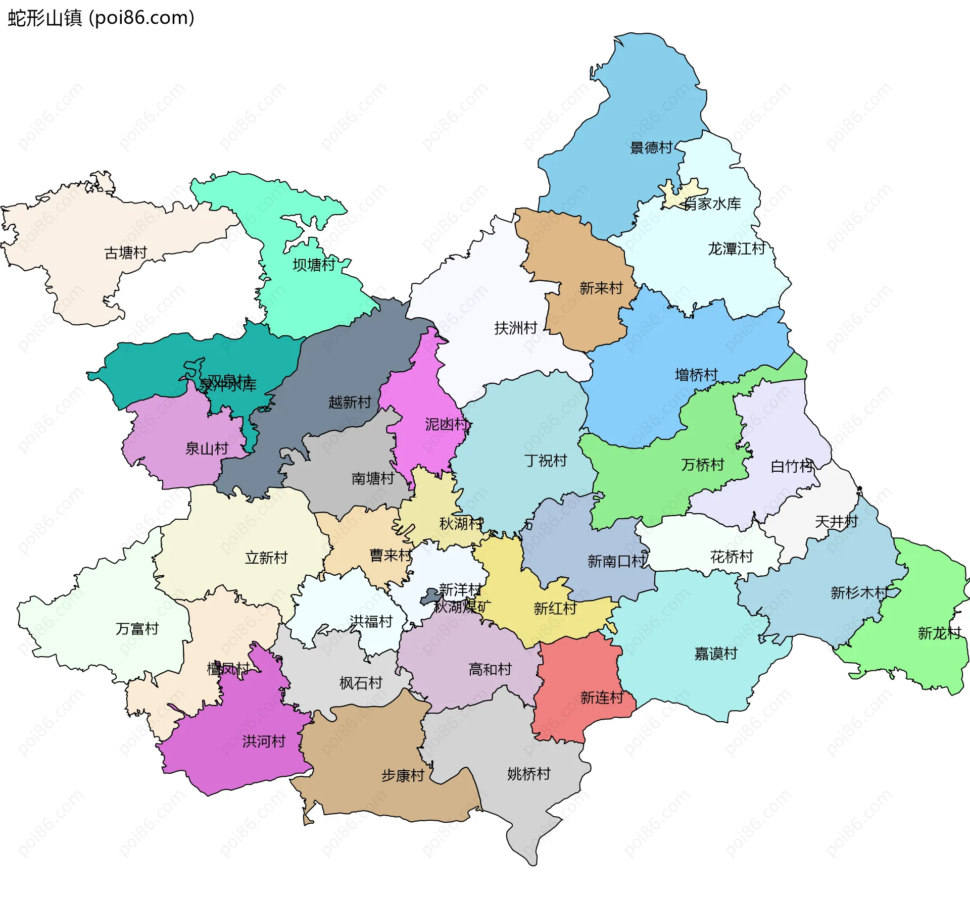 蛇形山镇边界地图(五级行政区划)