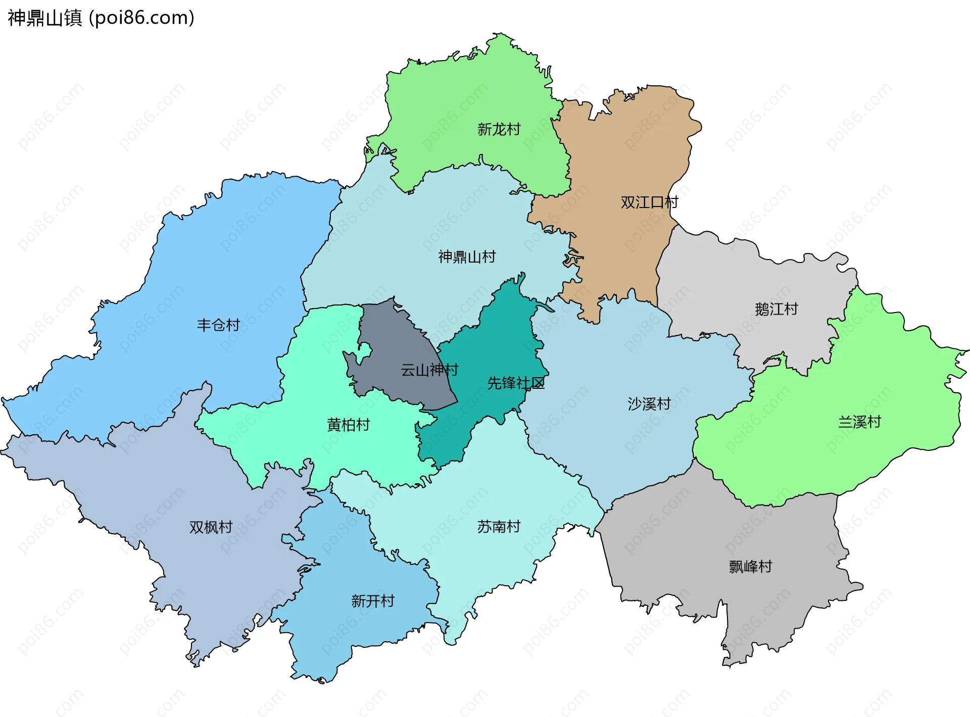 神鼎山镇边界地图(五级行政区划)