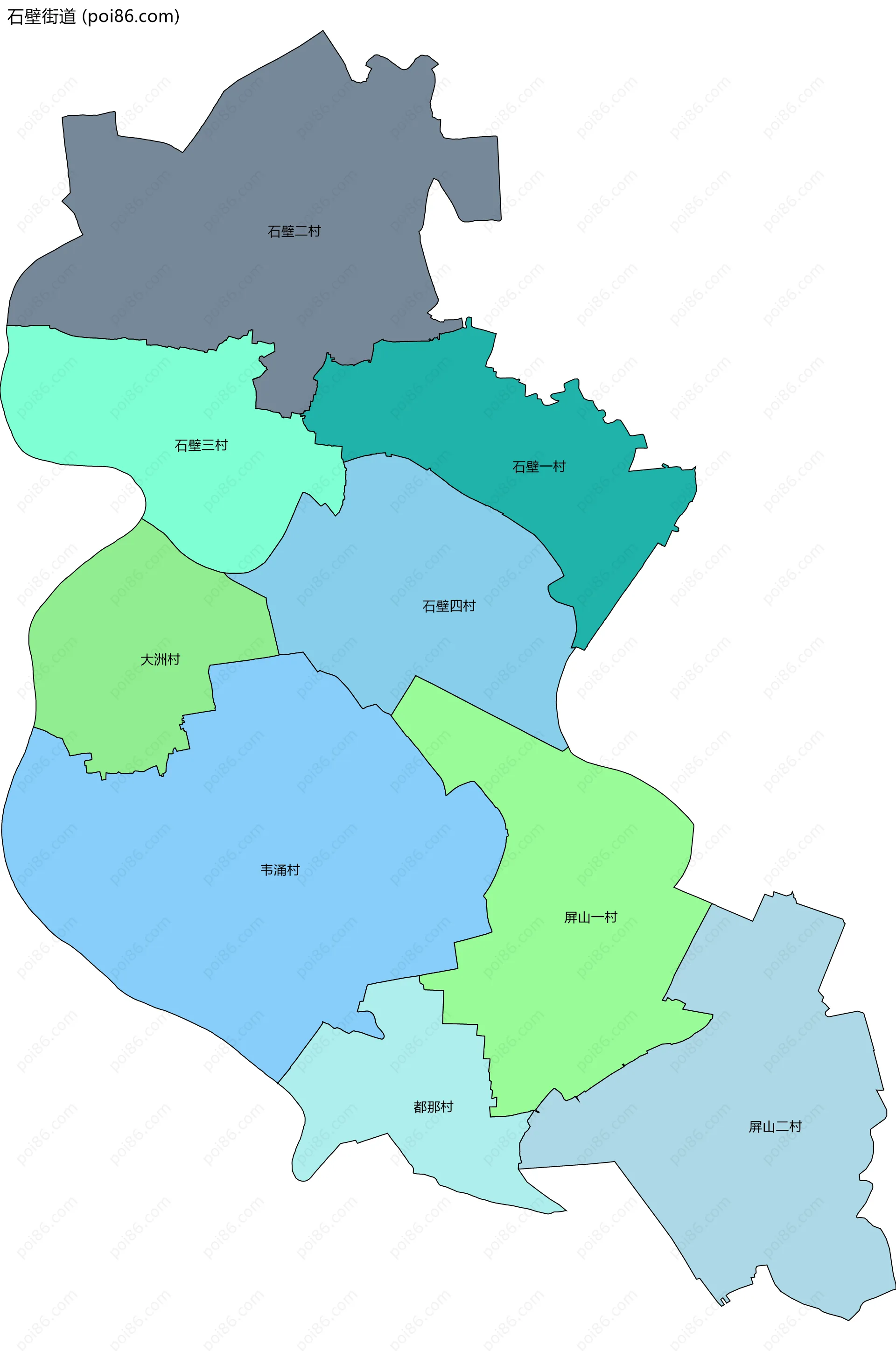 石壁街道边界地图(五级行政区划)
