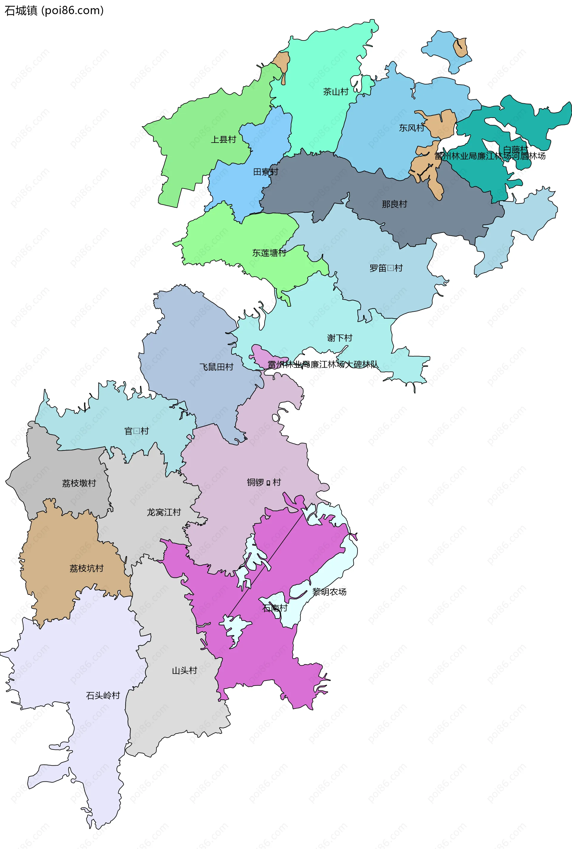 石城镇边界地图(五级行政区划)