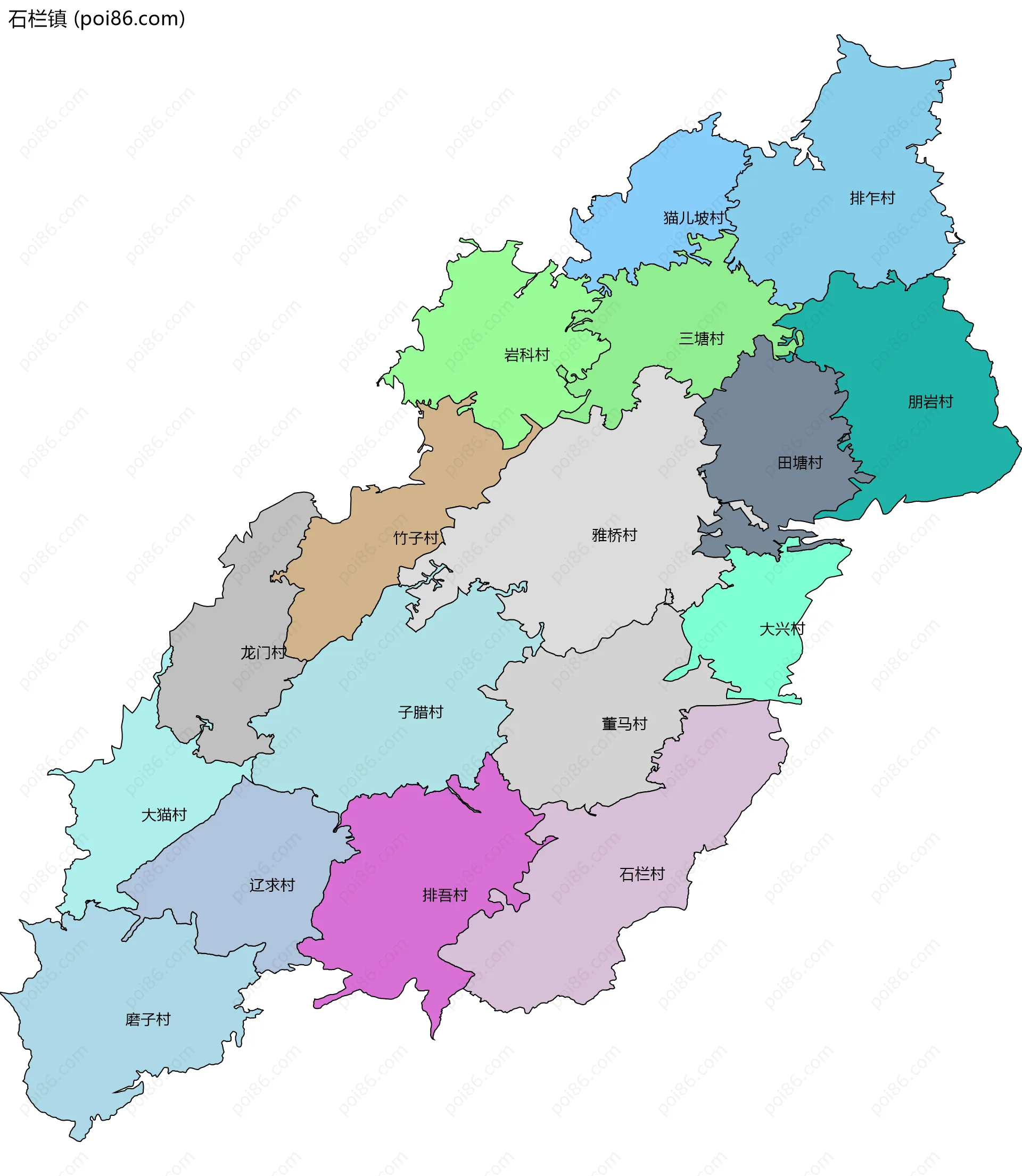 石栏镇边界地图(五级行政区划)