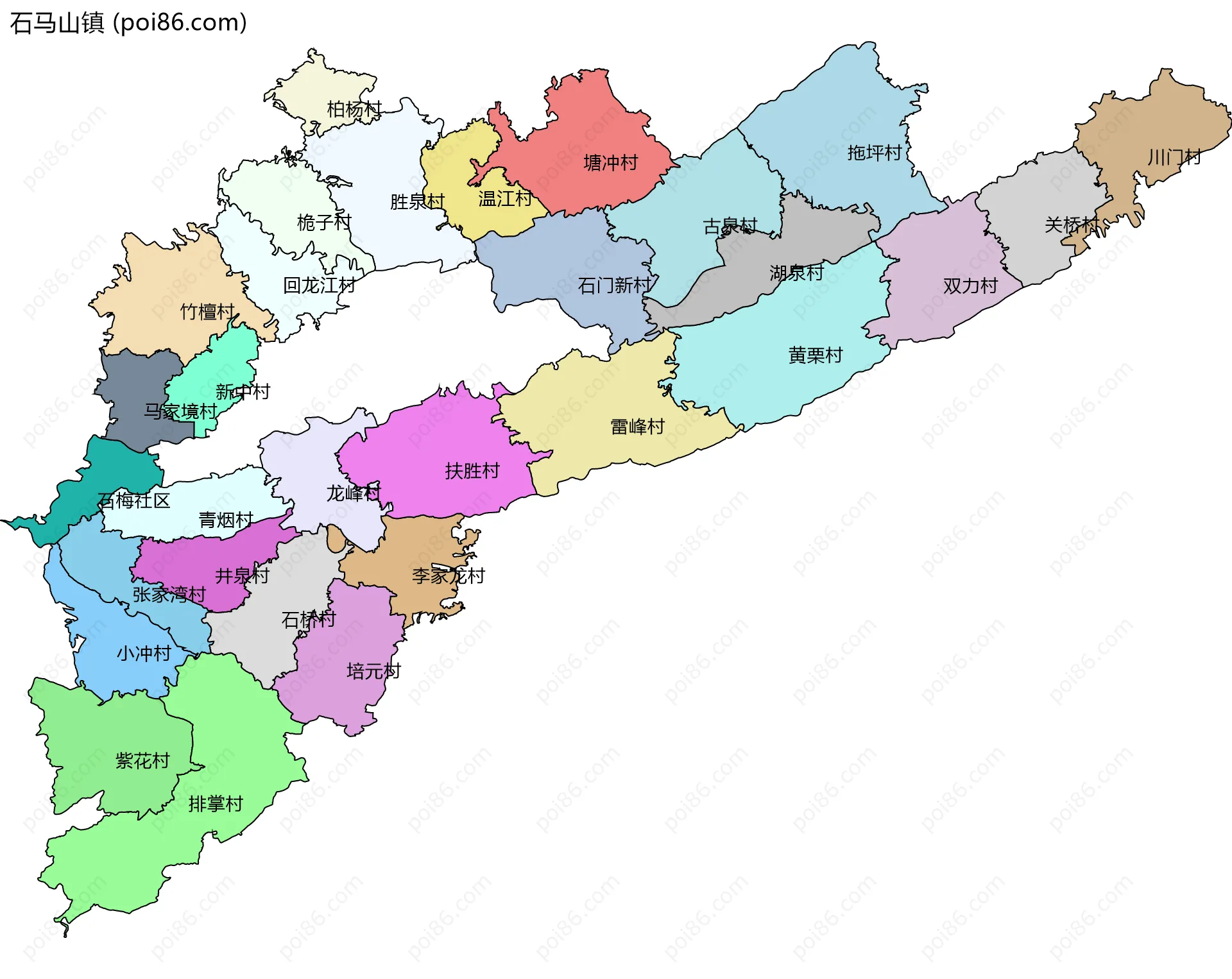 石马山镇边界地图(五级行政区划)