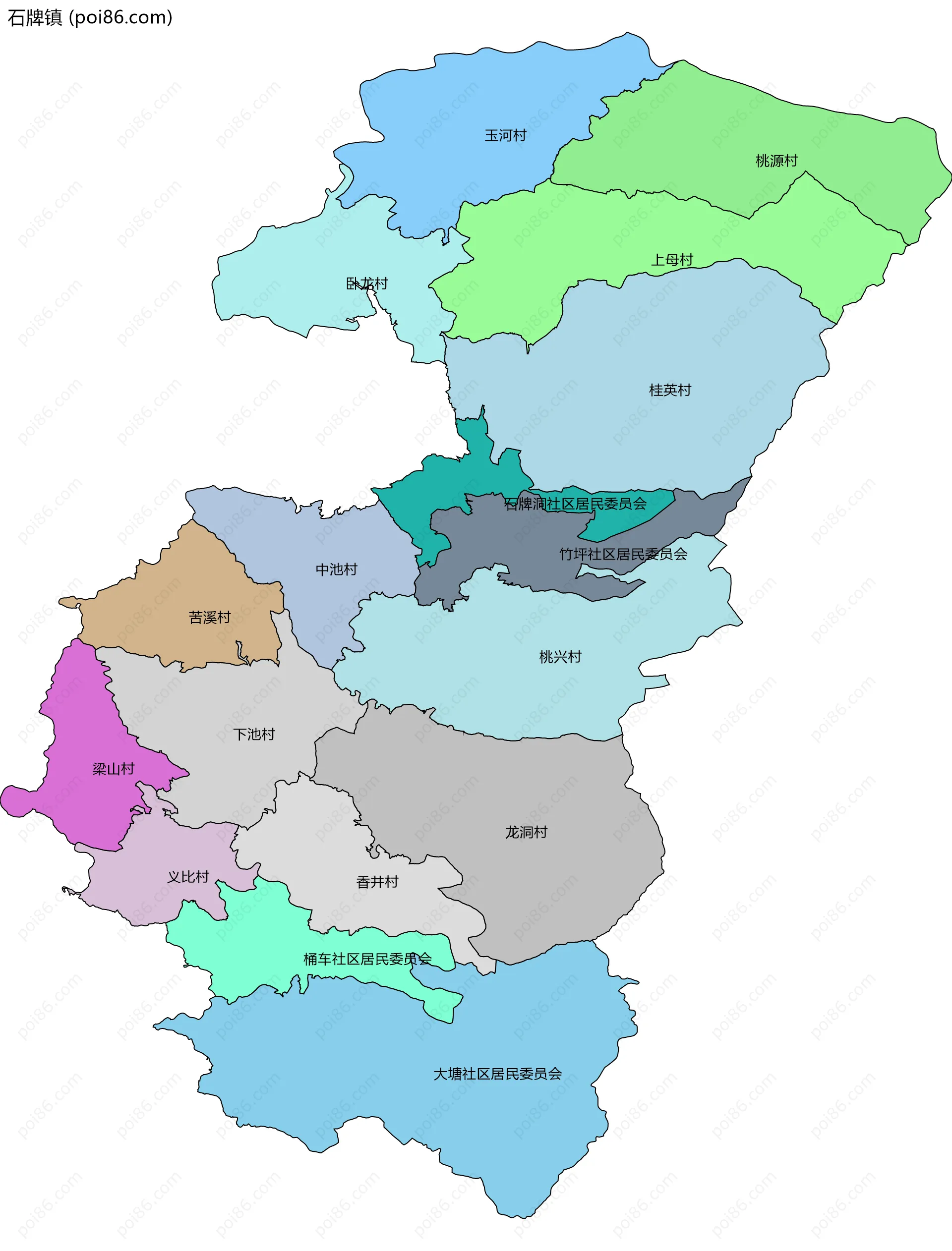 石牌镇边界地图(五级行政区划)