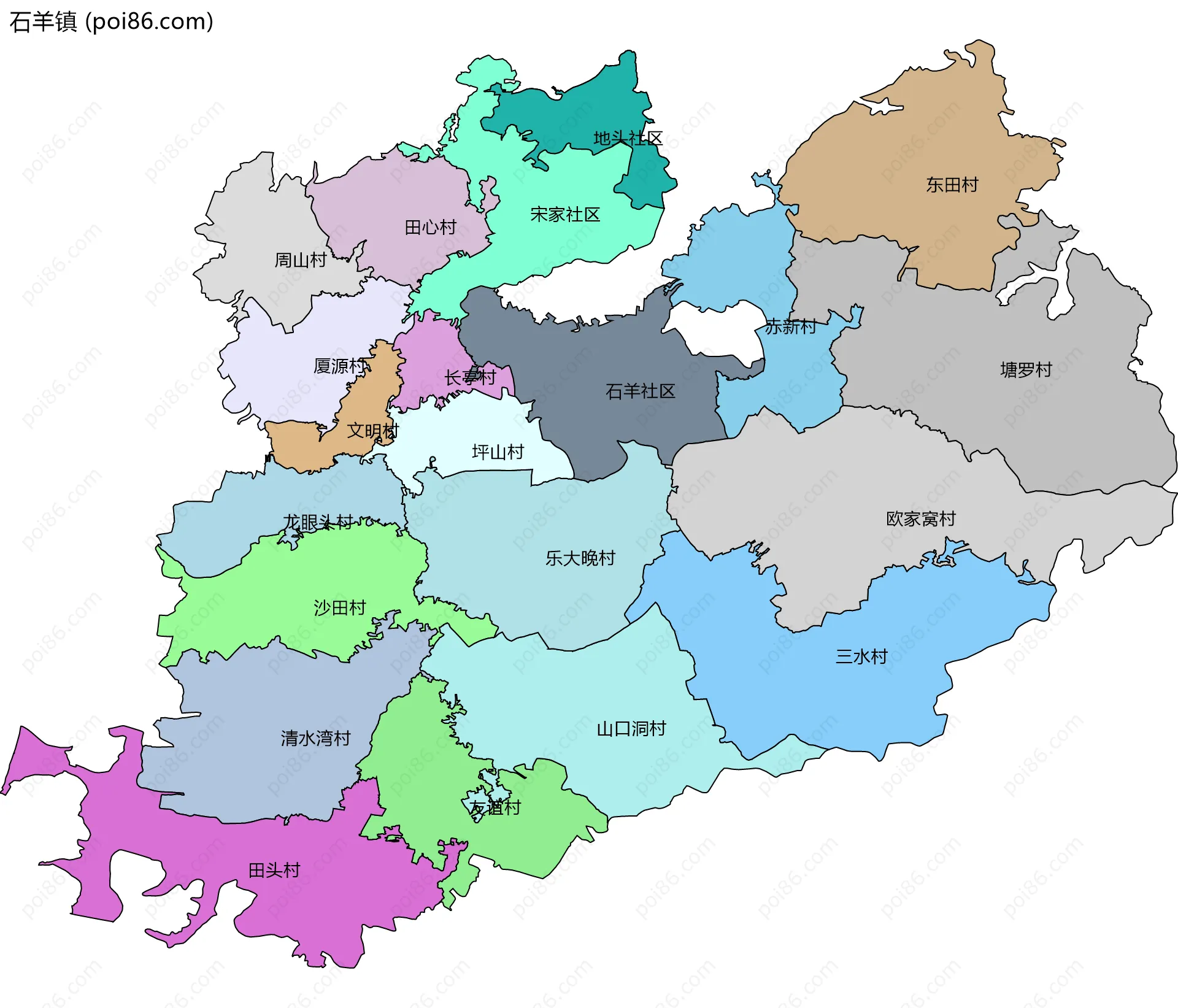 石羊镇边界地图(五级行政区划)