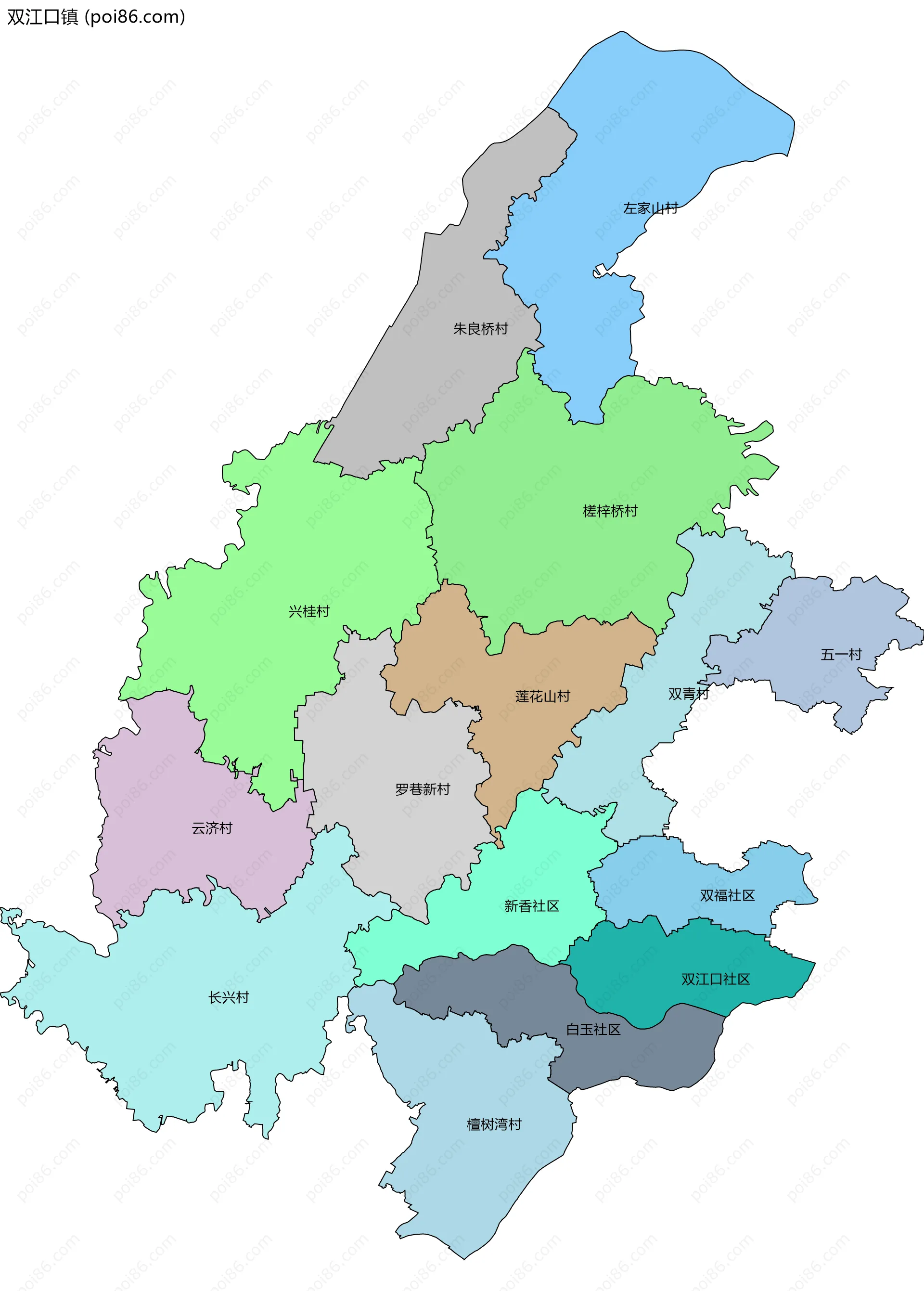 双江口镇边界地图(五级行政区划)