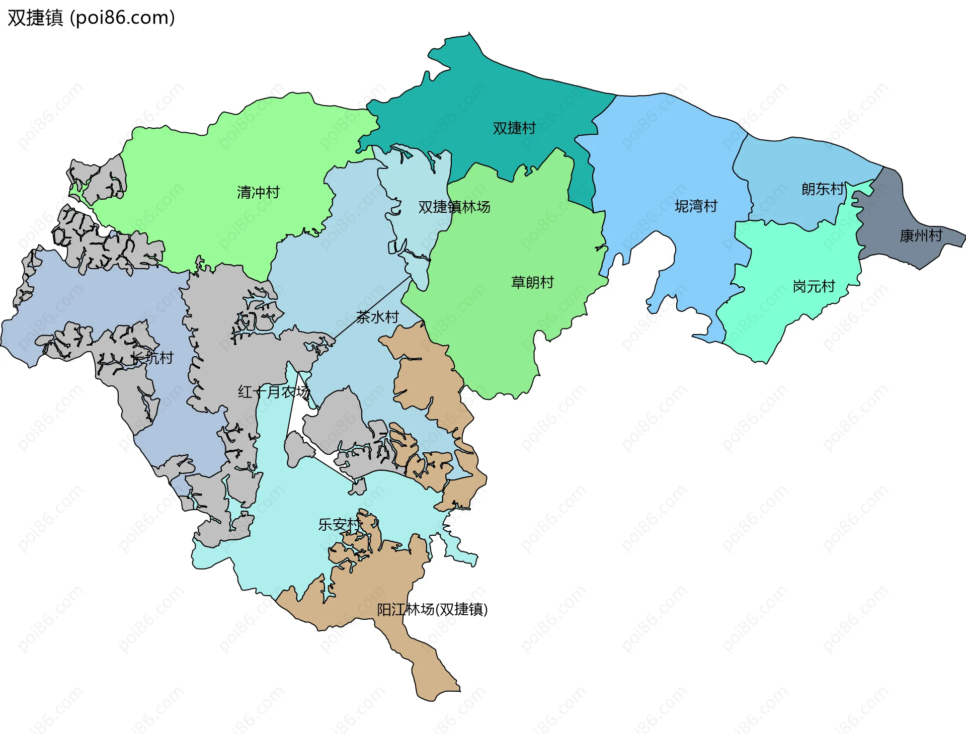 双捷镇边界地图(五级行政区划)