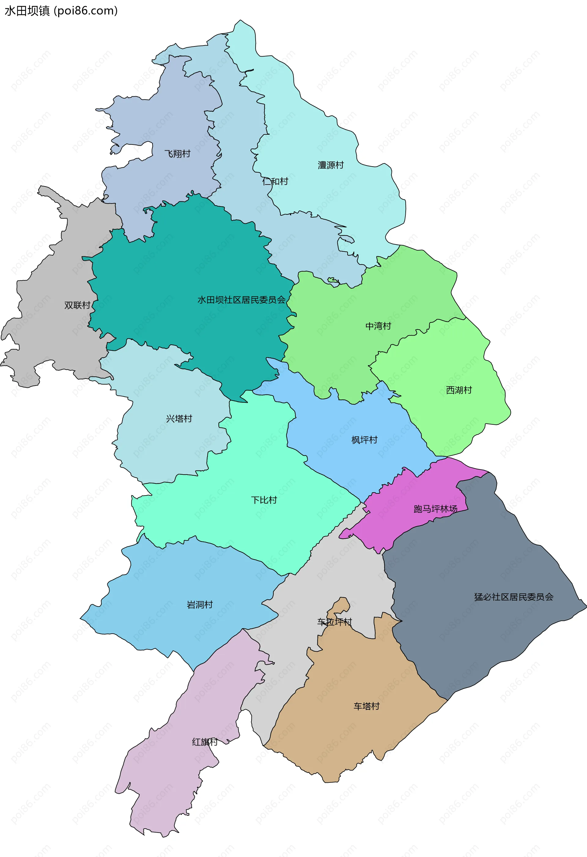 水田坝镇边界地图(五级行政区划)