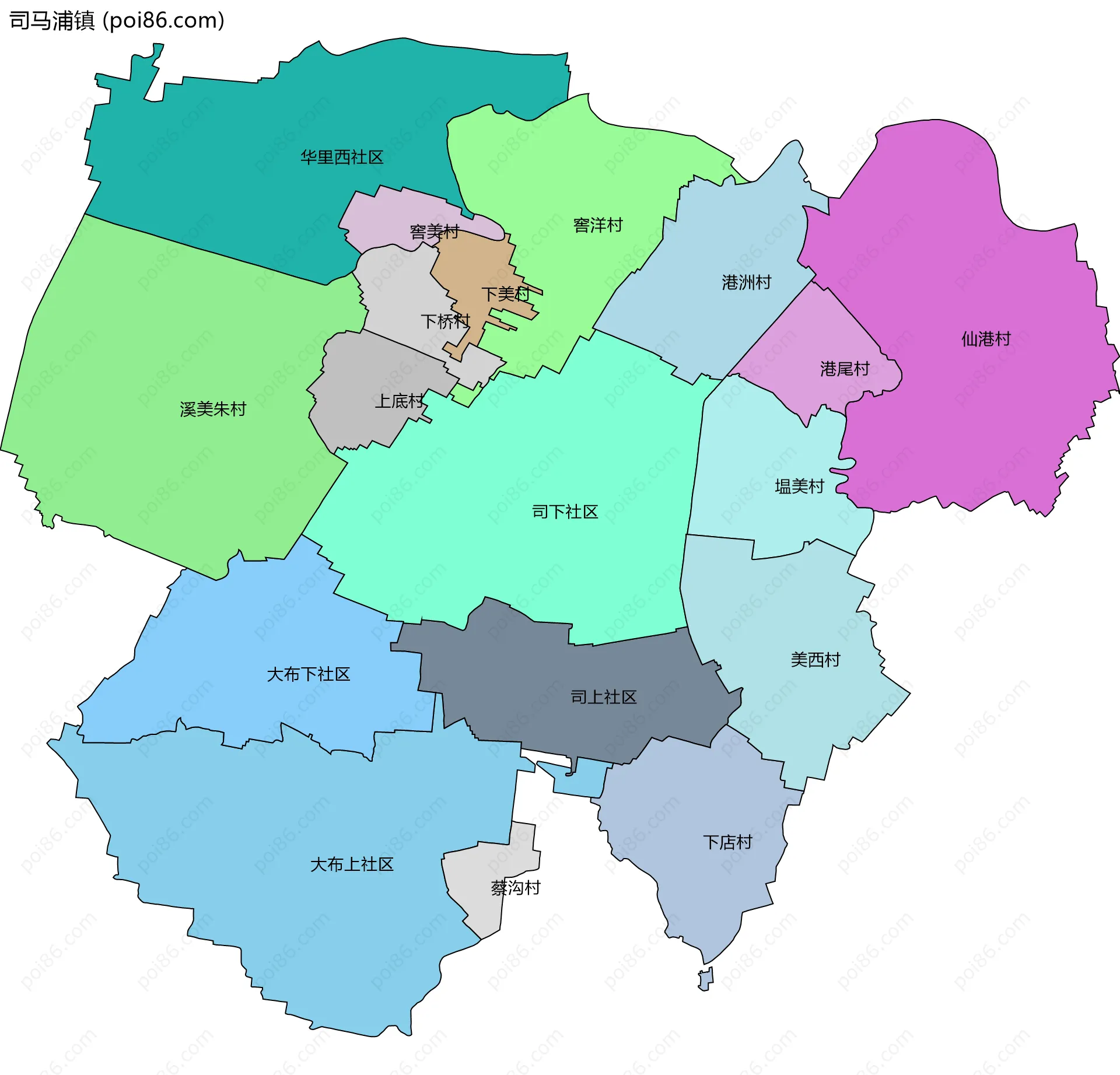 司马浦镇边界地图(五级行政区划)