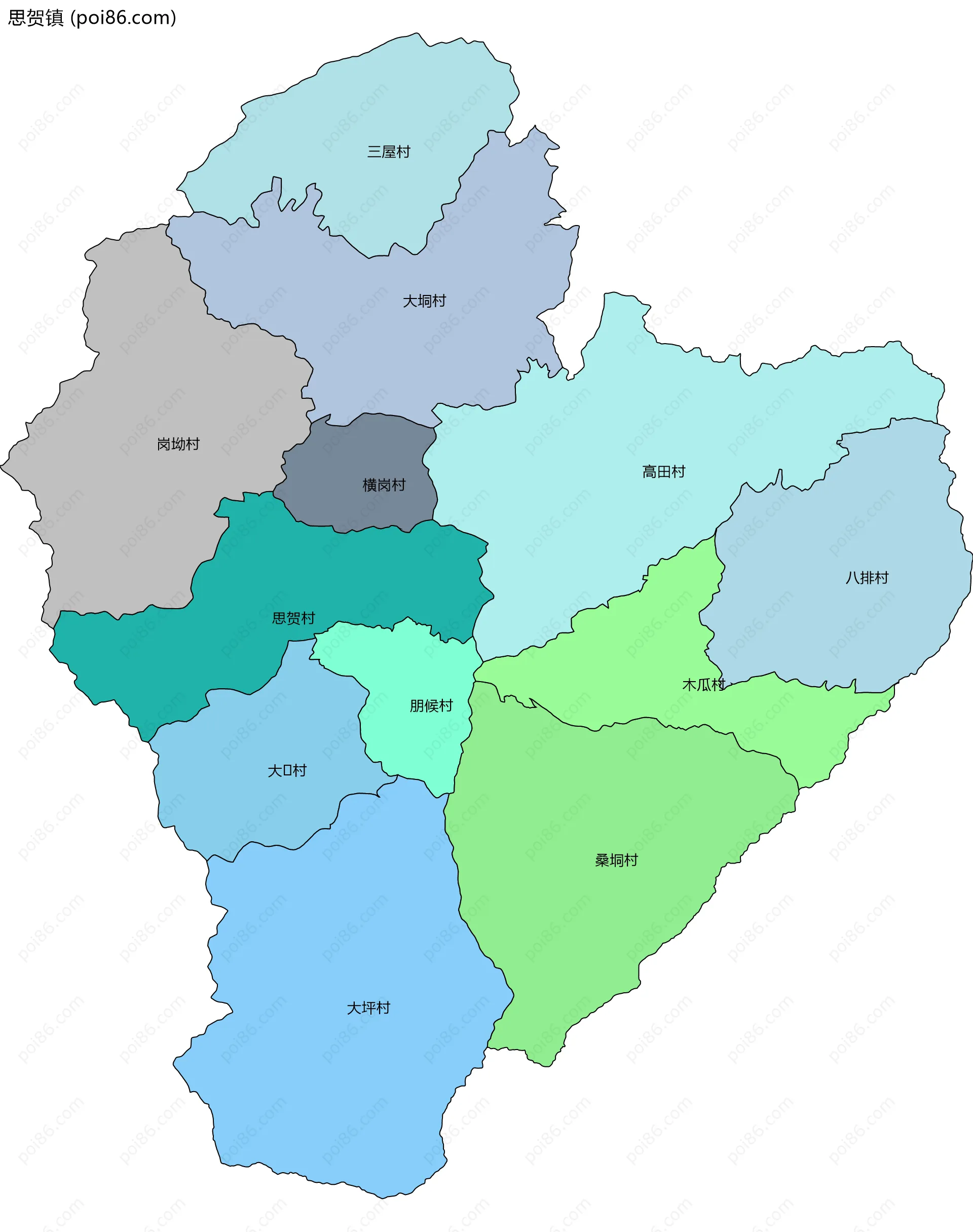 思贺镇边界地图(五级行政区划)