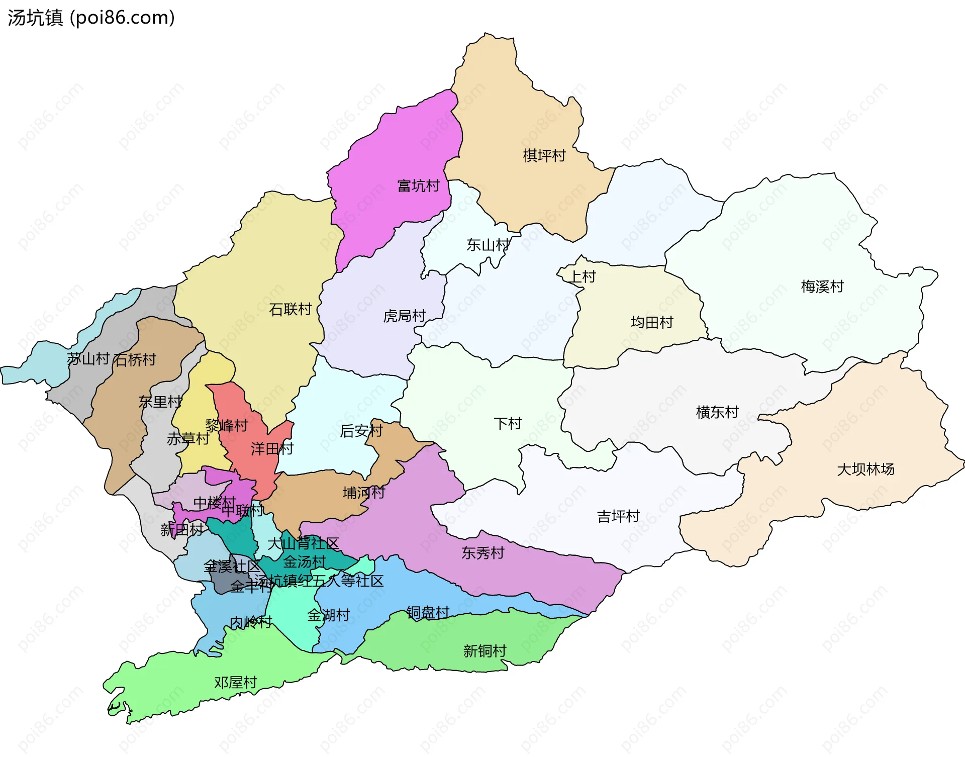 汤坑镇边界地图(五级行政区划)
