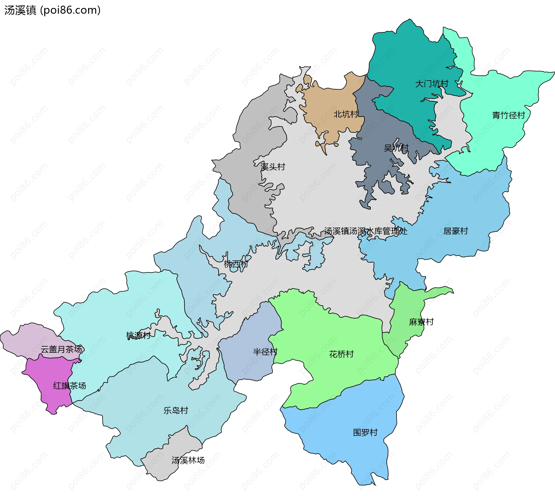 汤溪镇边界地图(五级行政区划)