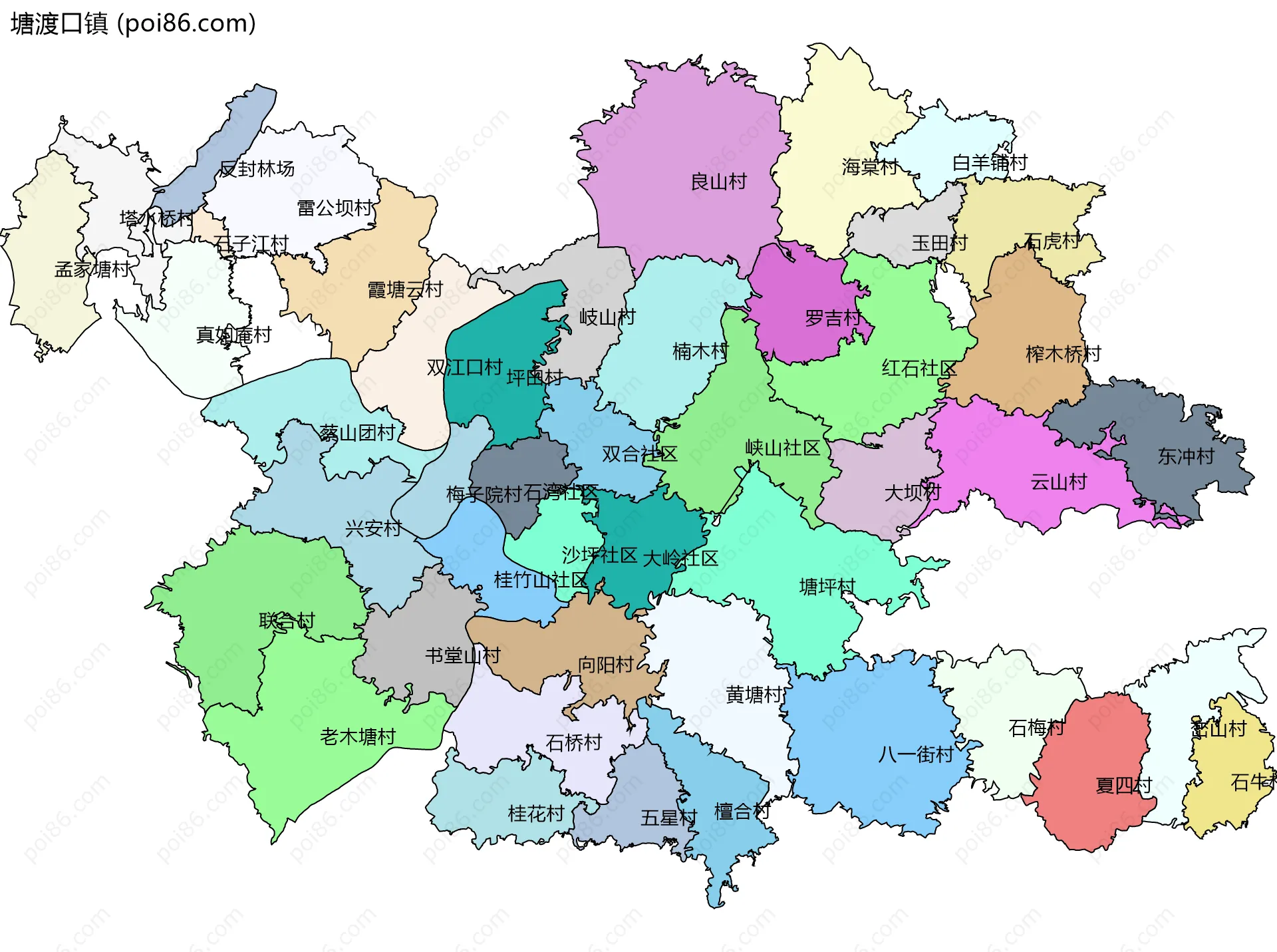 塘渡口镇边界地图(五级行政区划)