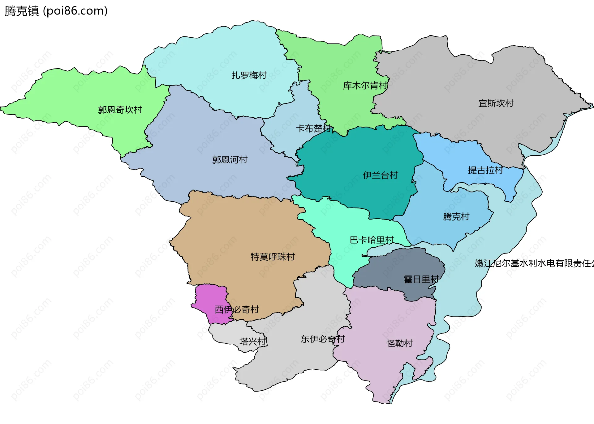 腾克镇边界地图(五级行政区划)