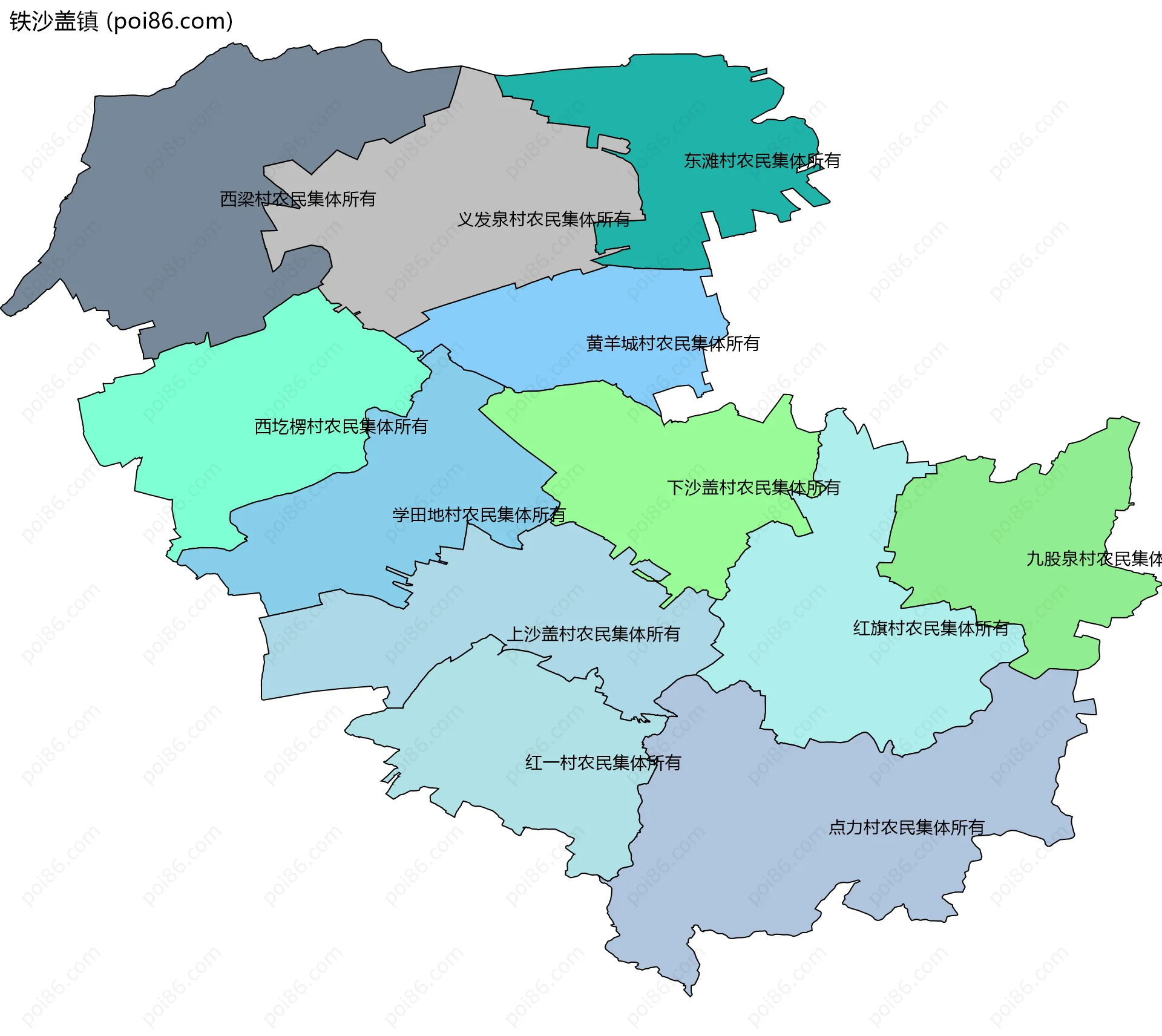 铁沙盖镇边界地图(五级行政区划)