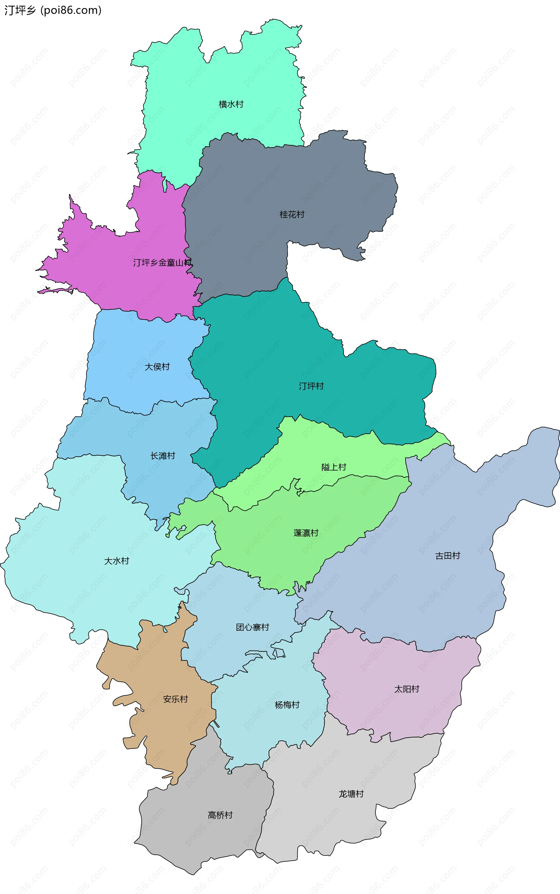 汀坪乡边界地图(五级行政区划)