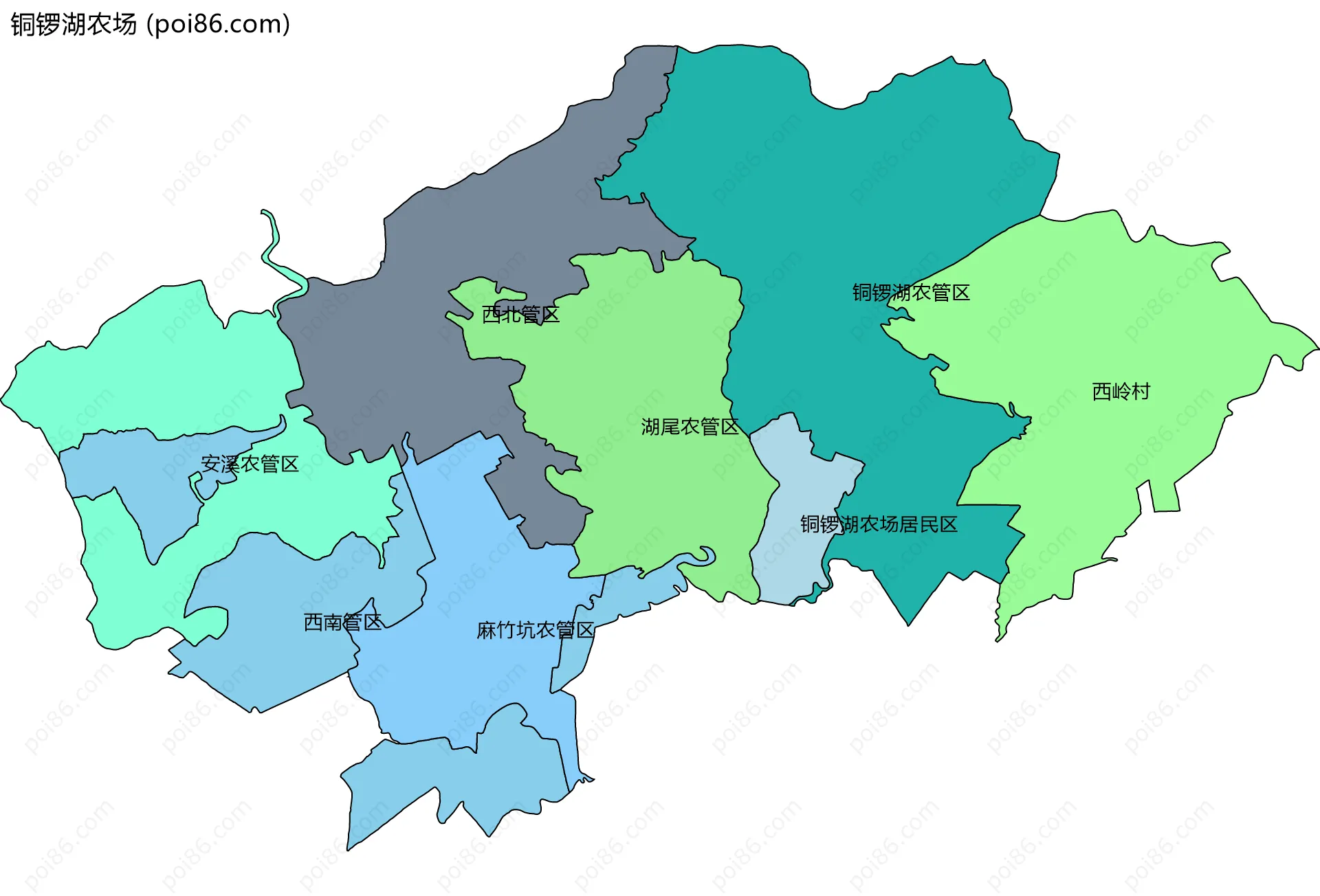 铜锣湖农场边界地图(五级行政区划)
