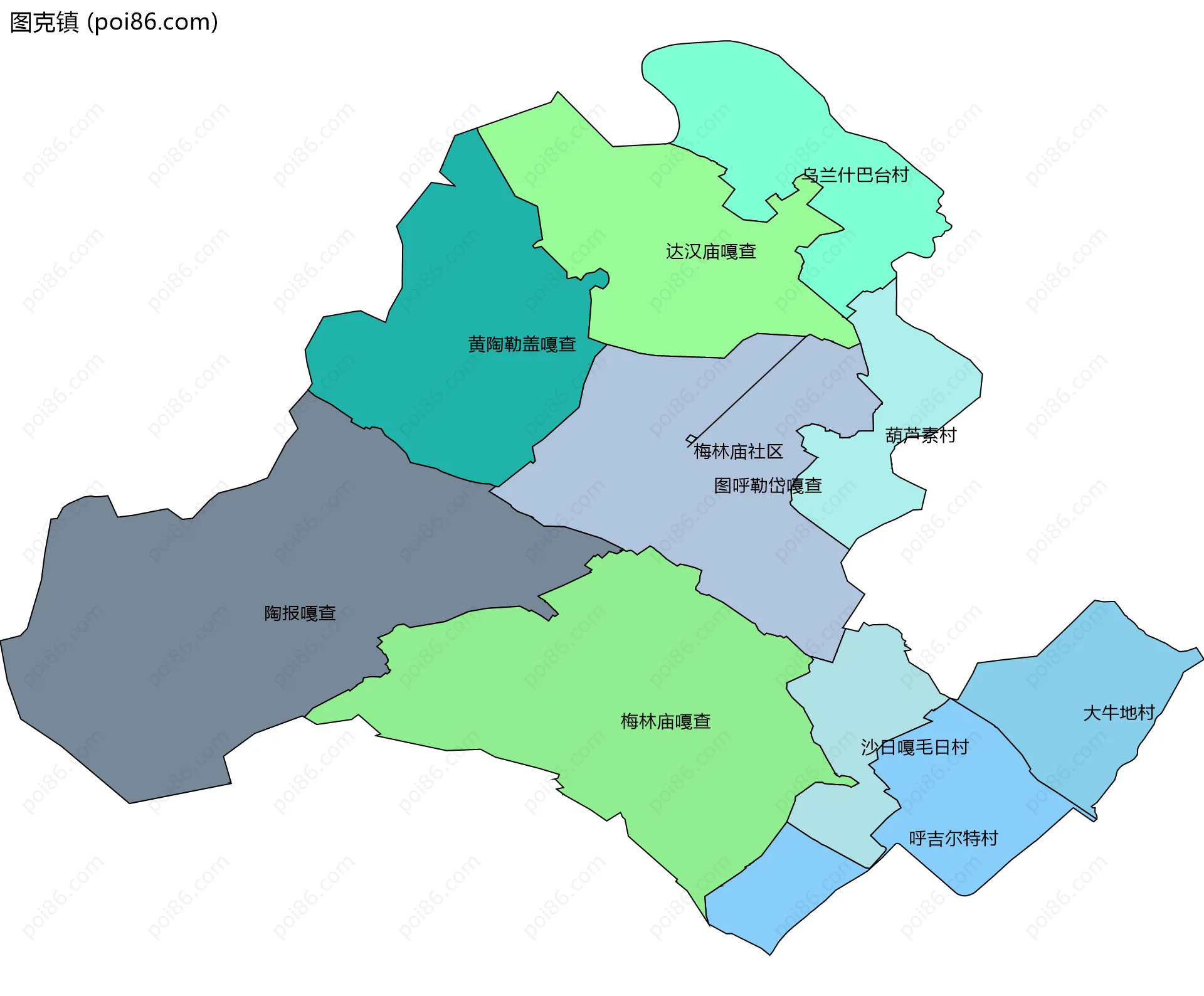 图克镇边界地图(五级行政区划)
