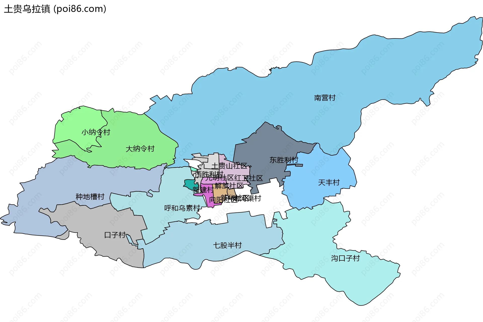 土贵乌拉镇边界地图(五级行政区划)