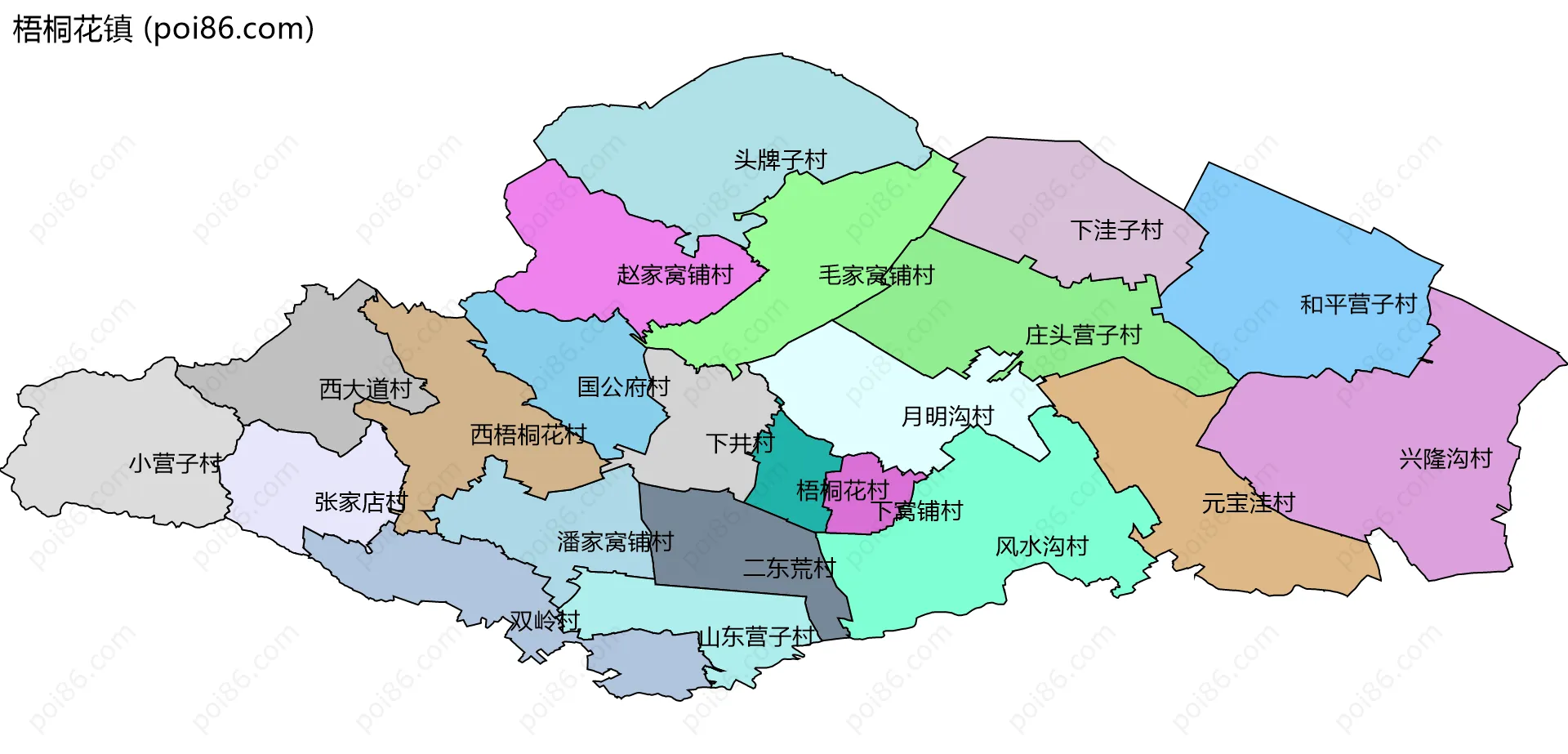 梧桐花镇边界地图(五级行政区划)