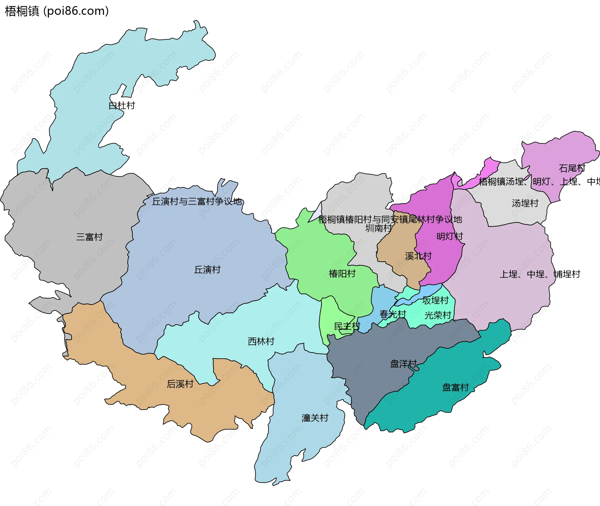 梧桐镇边界地图(五级行政区划)