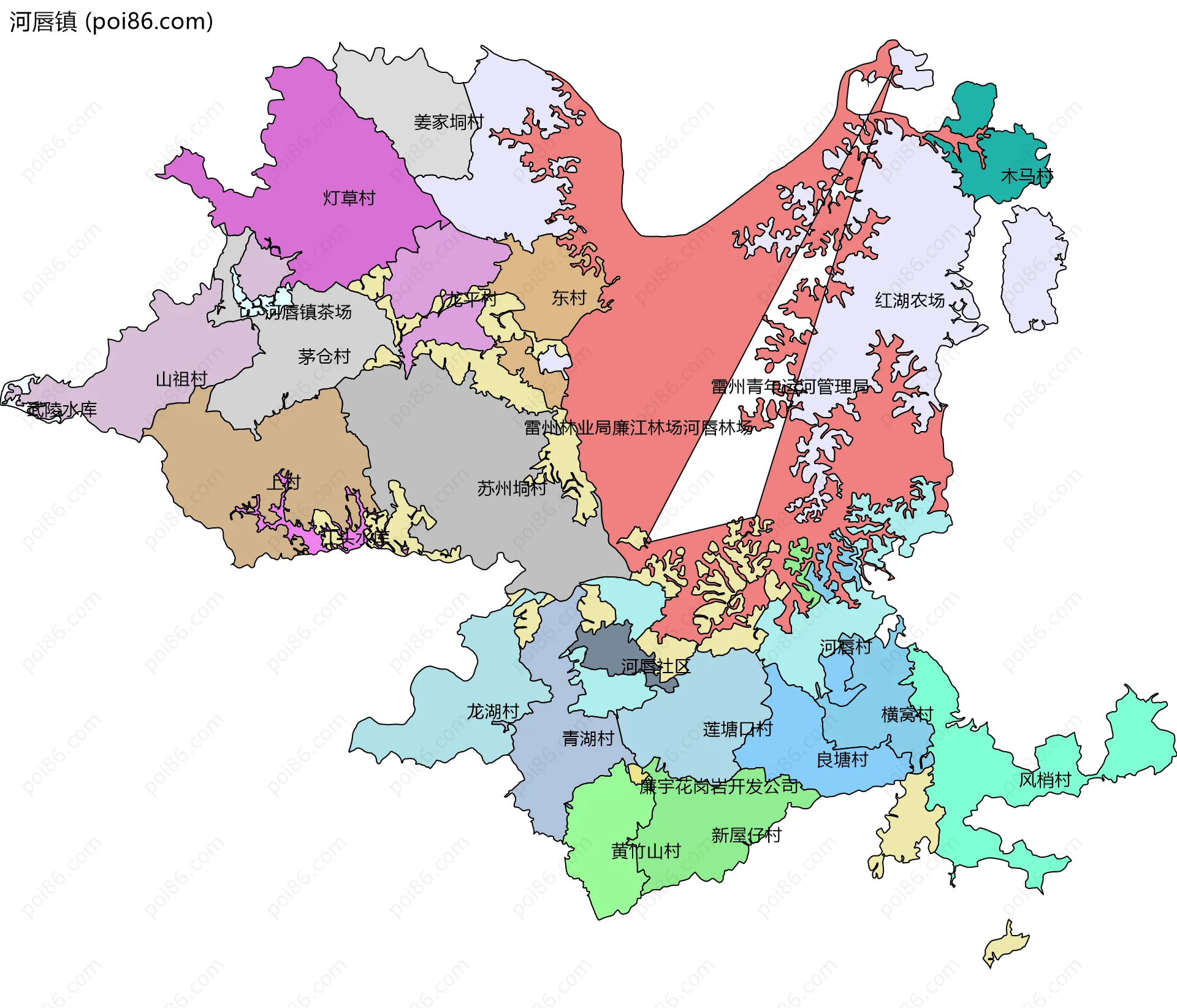 河唇镇边界地图(五级行政区划)
