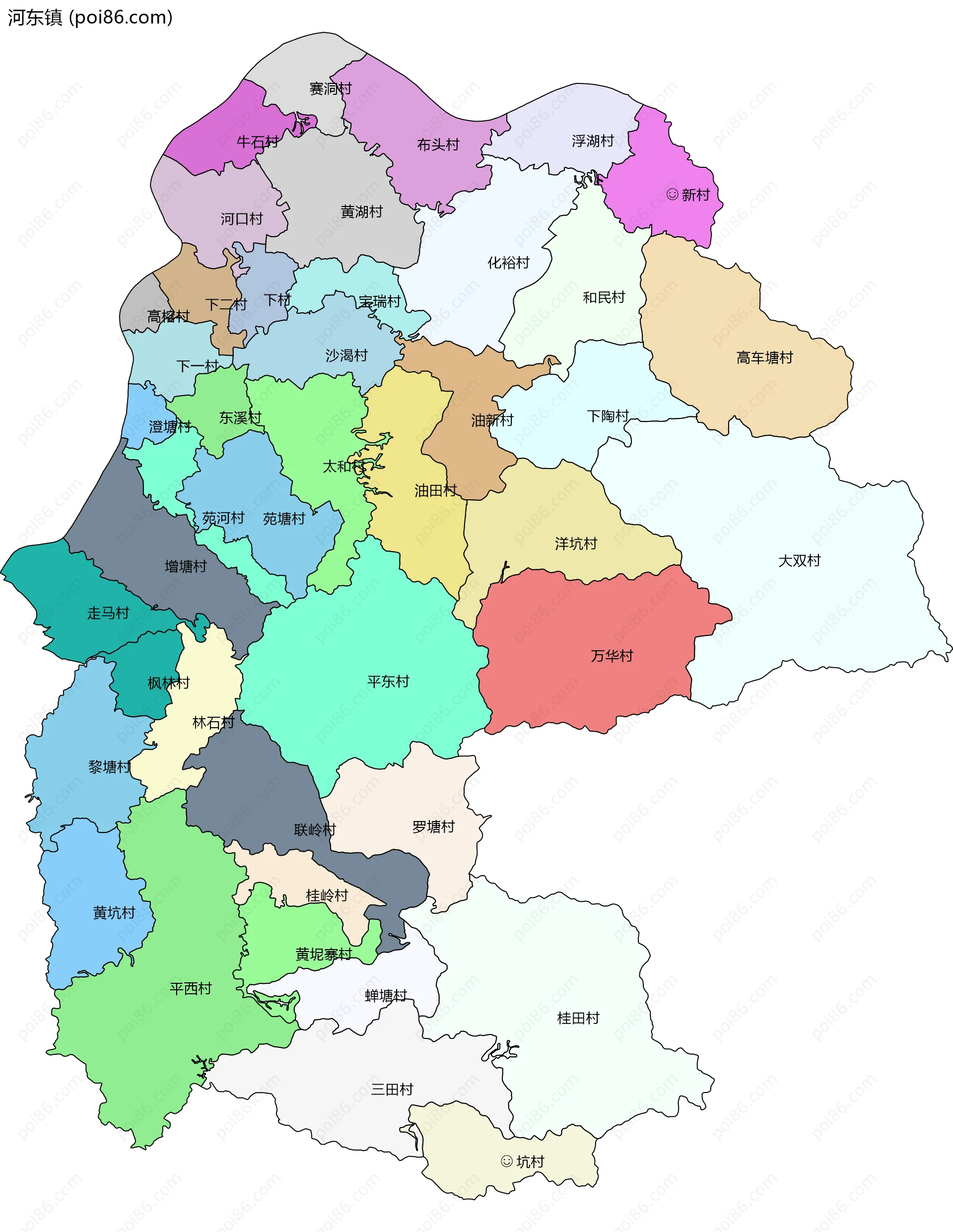 河东镇边界地图(五级行政区划)