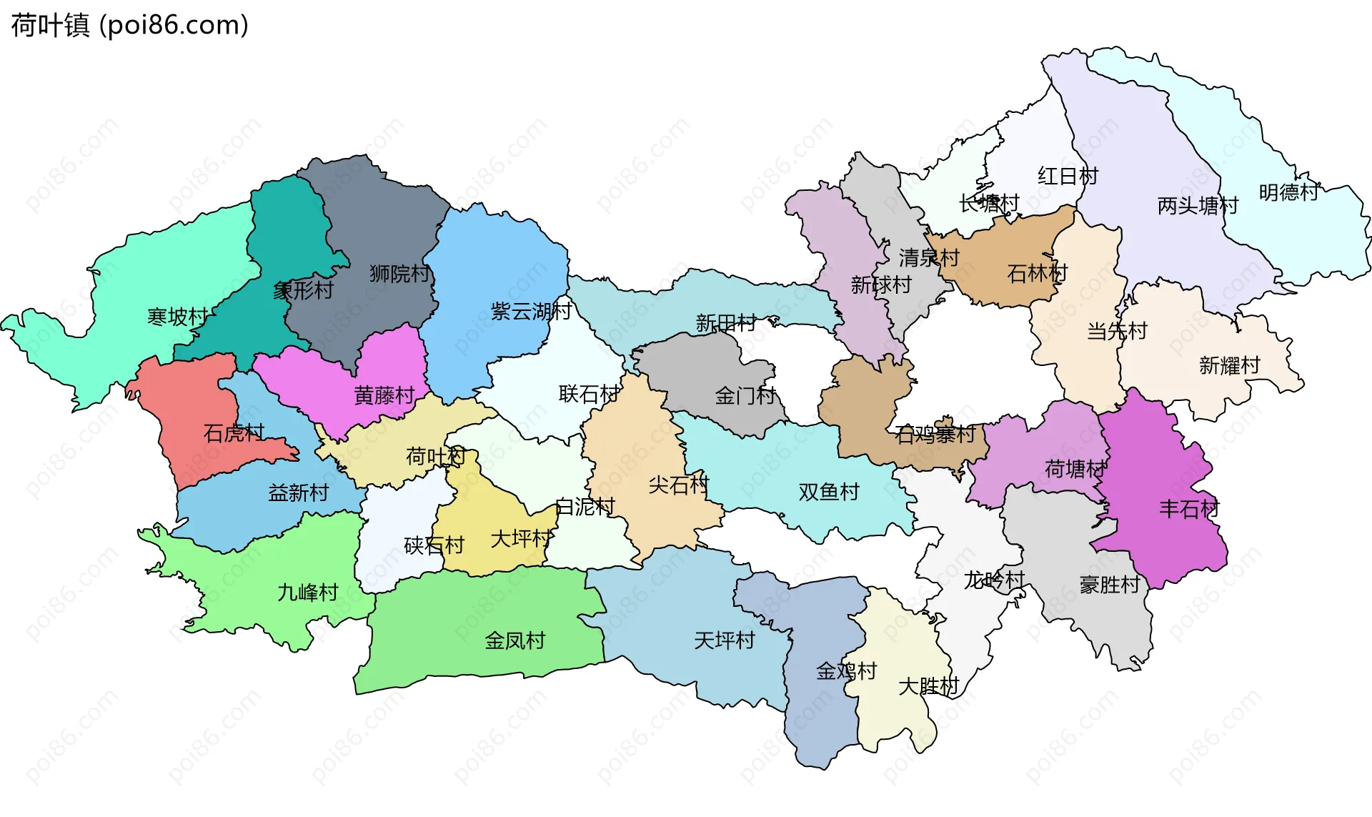 荷叶镇边界地图(五级行政区划)