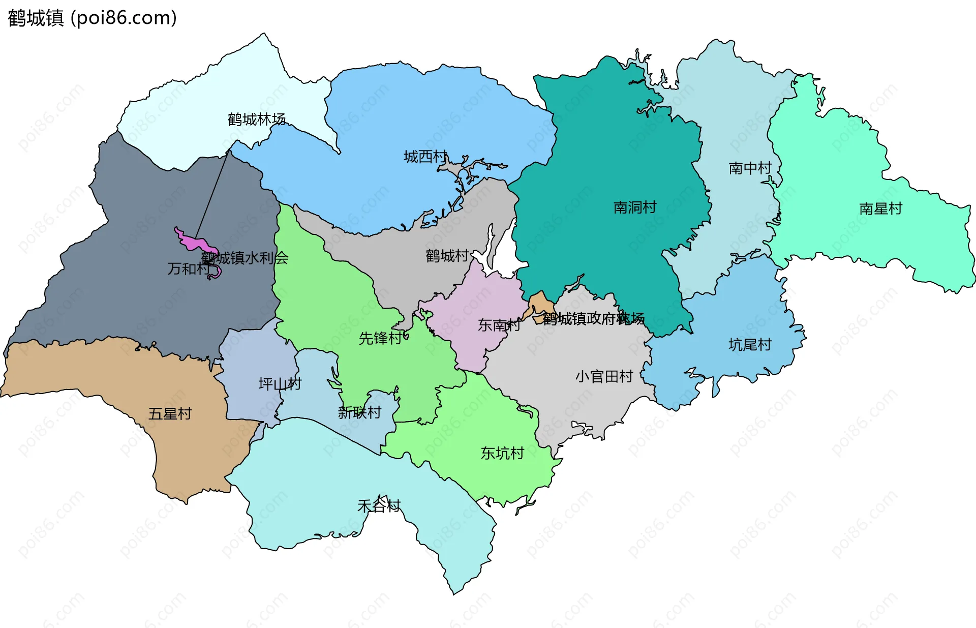 鹤城镇边界地图(五级行政区划)