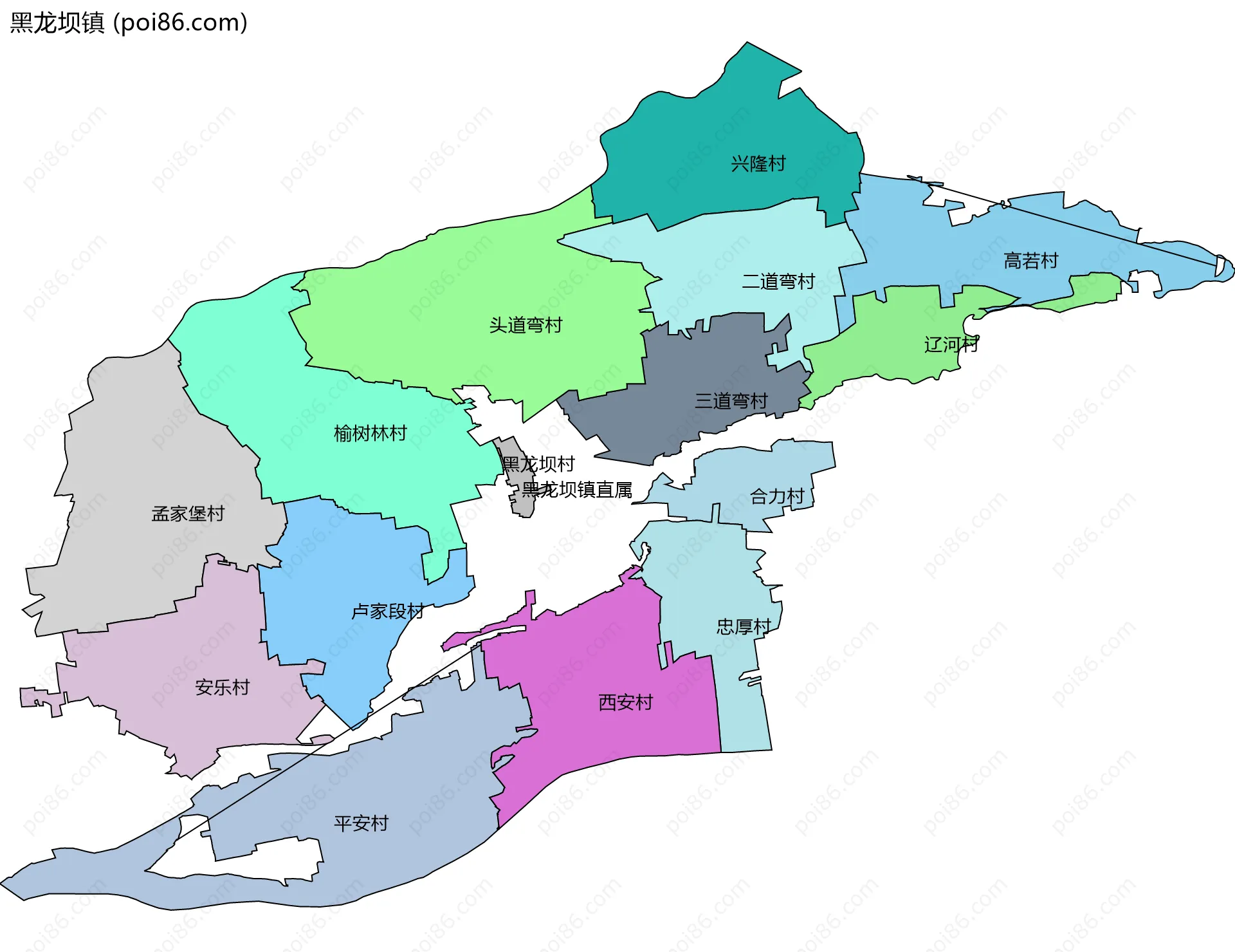 黑龙坝镇边界地图(五级行政区划)