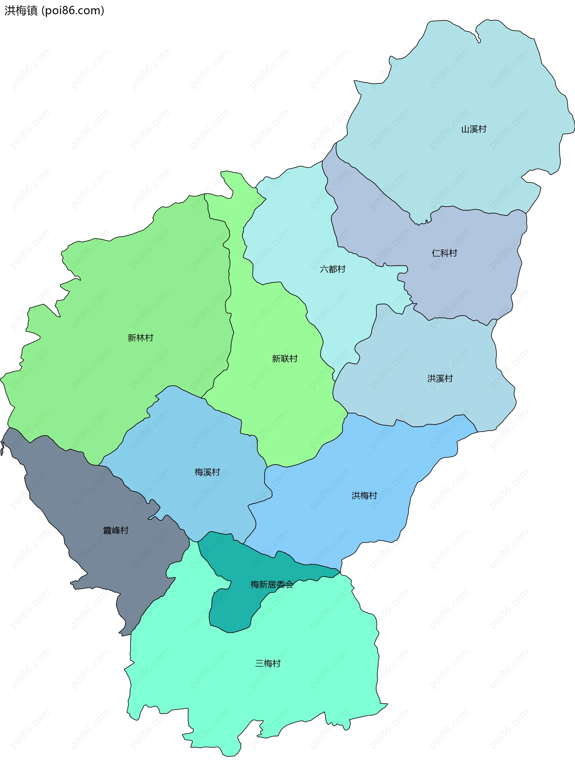 洪梅镇边界地图(五级行政区划)