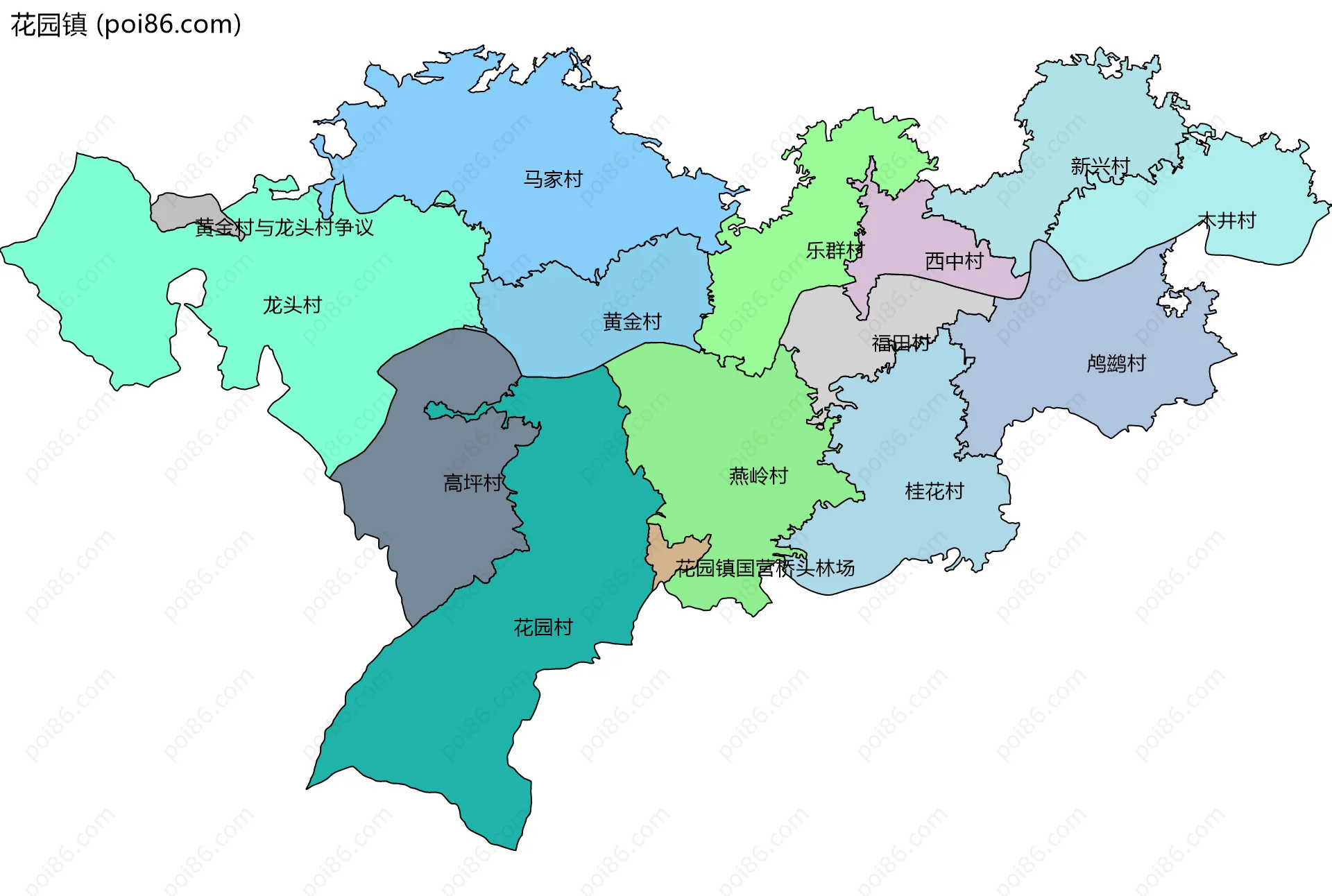 花园镇边界地图(五级行政区划)