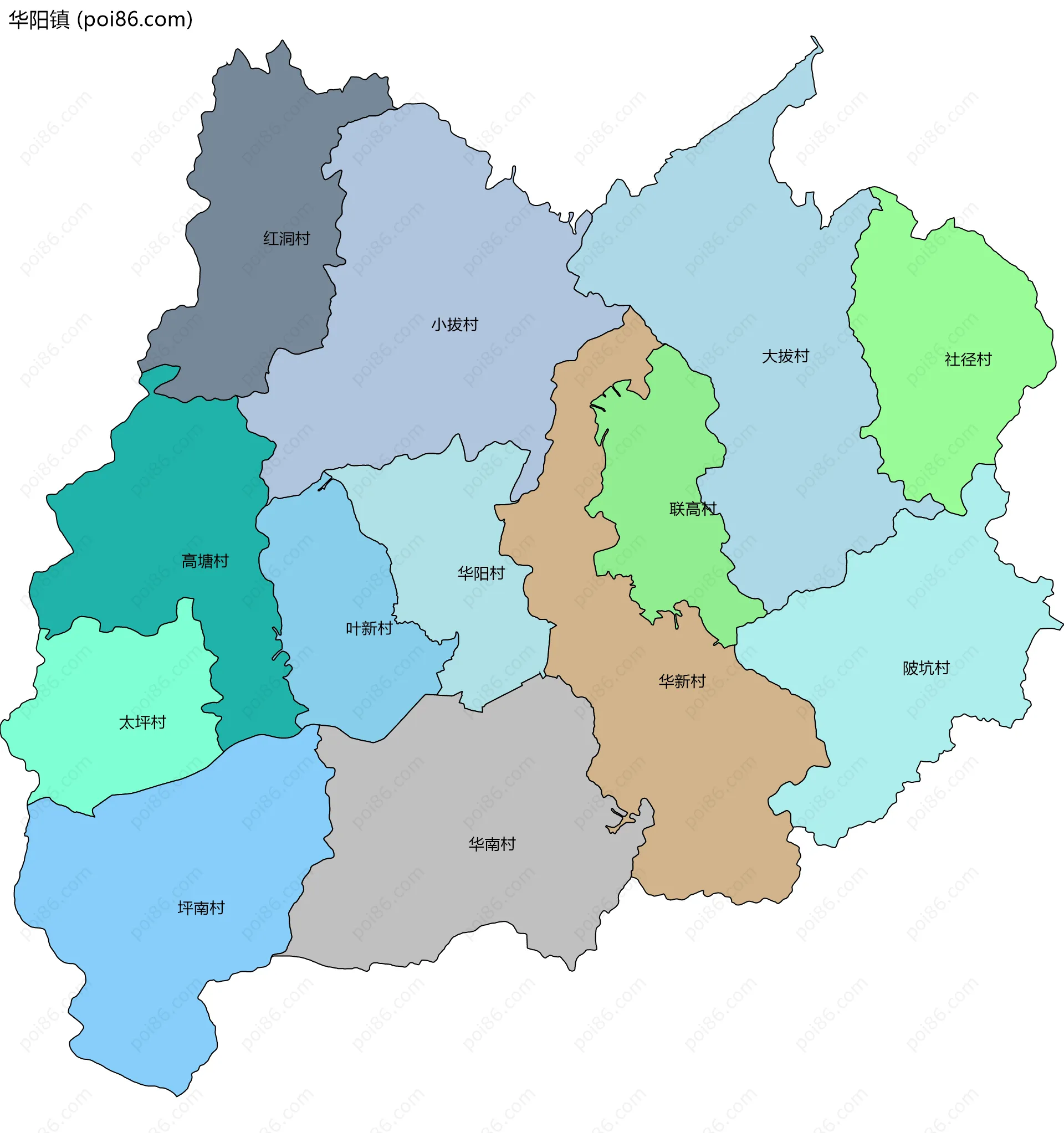 华阳镇边界地图(五级行政区划)