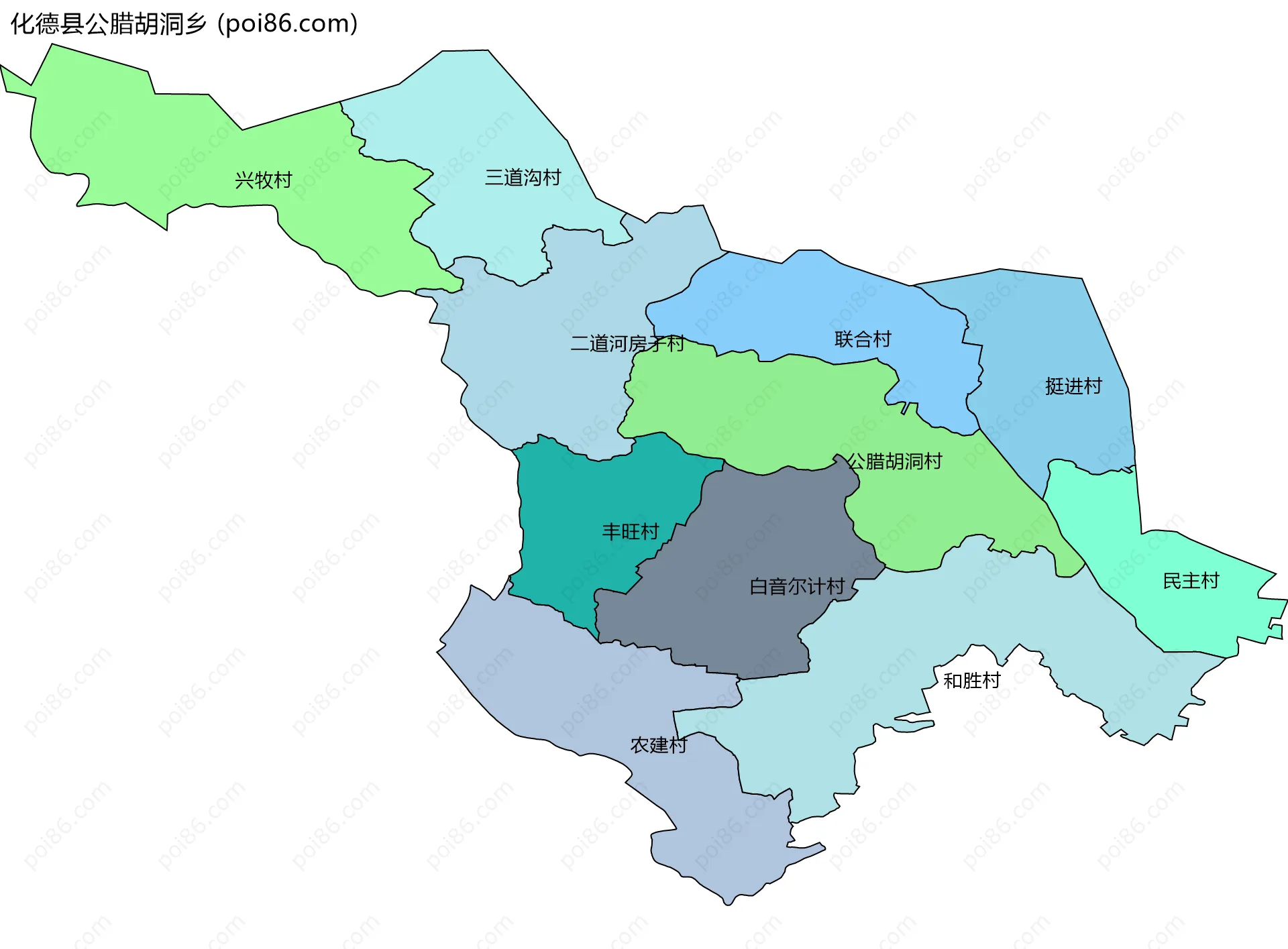 化德县公腊胡洞乡边界地图(五级行政区划)