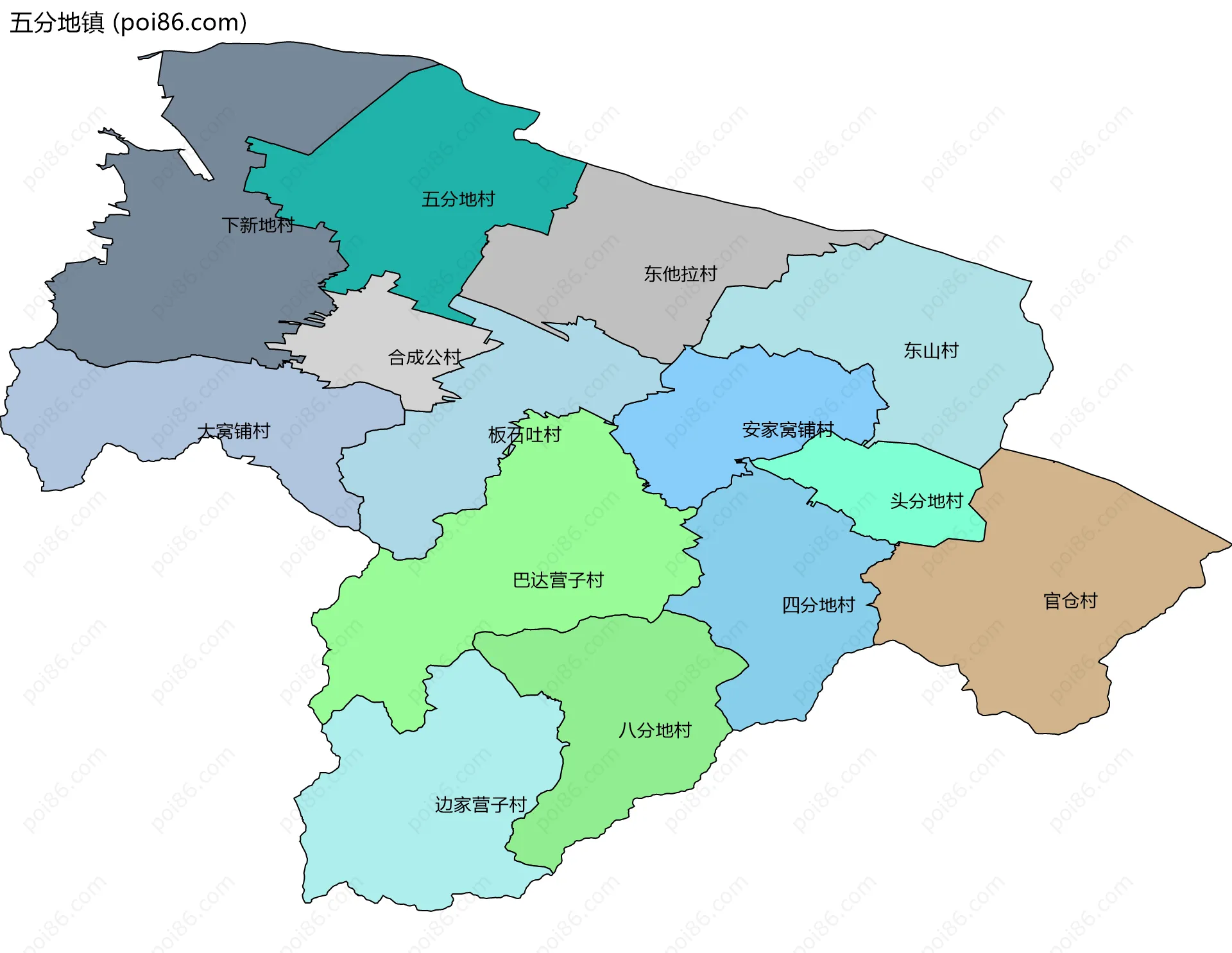 五分地镇边界地图(五级行政区划)