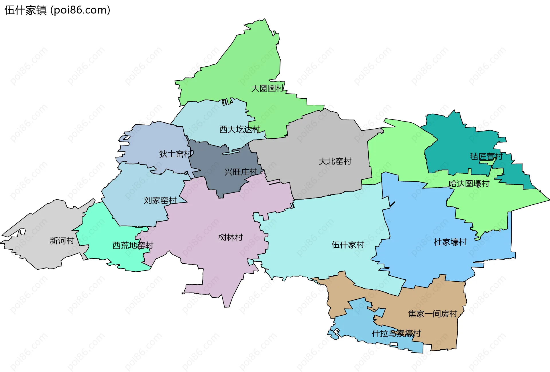 伍什家镇边界地图(五级行政区划)
