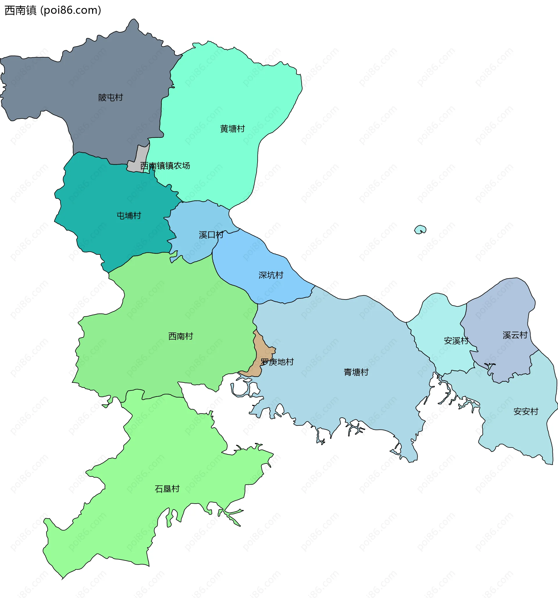 西南镇边界地图(五级行政区划)