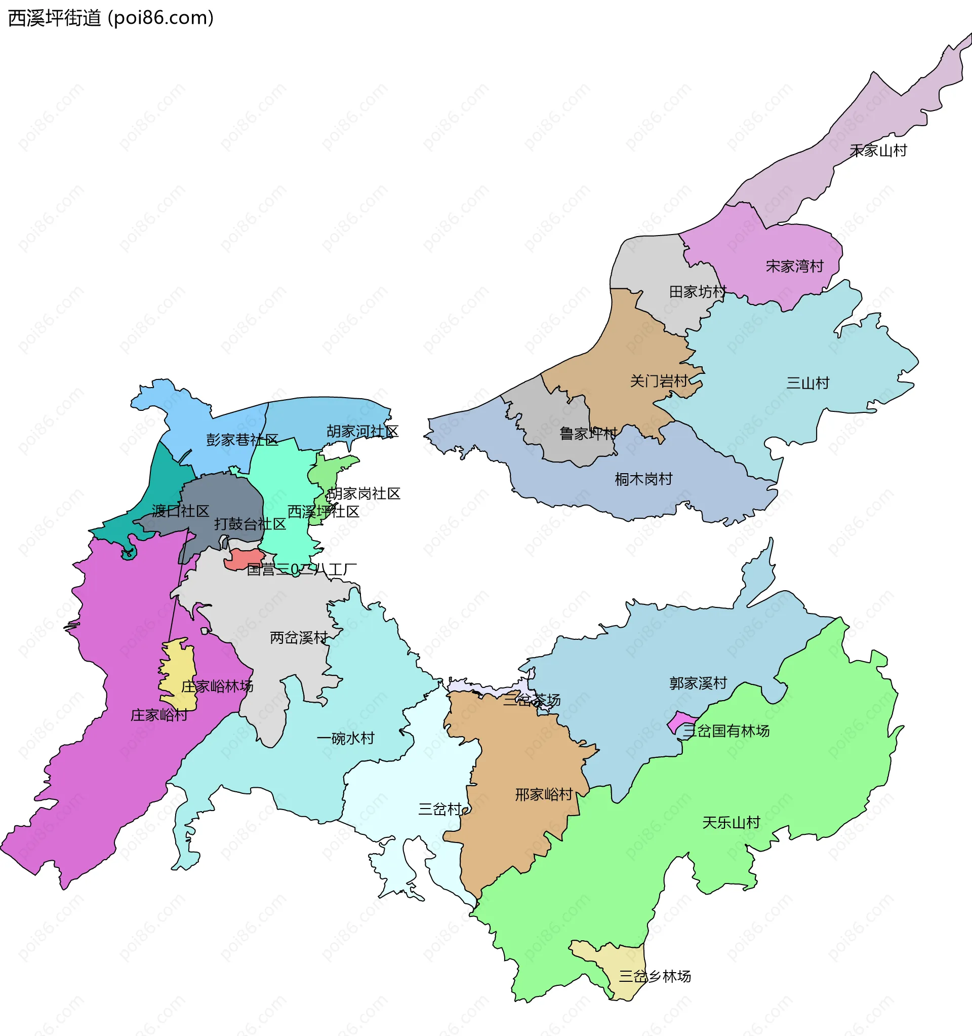 西溪坪街道边界地图(五级行政区划)