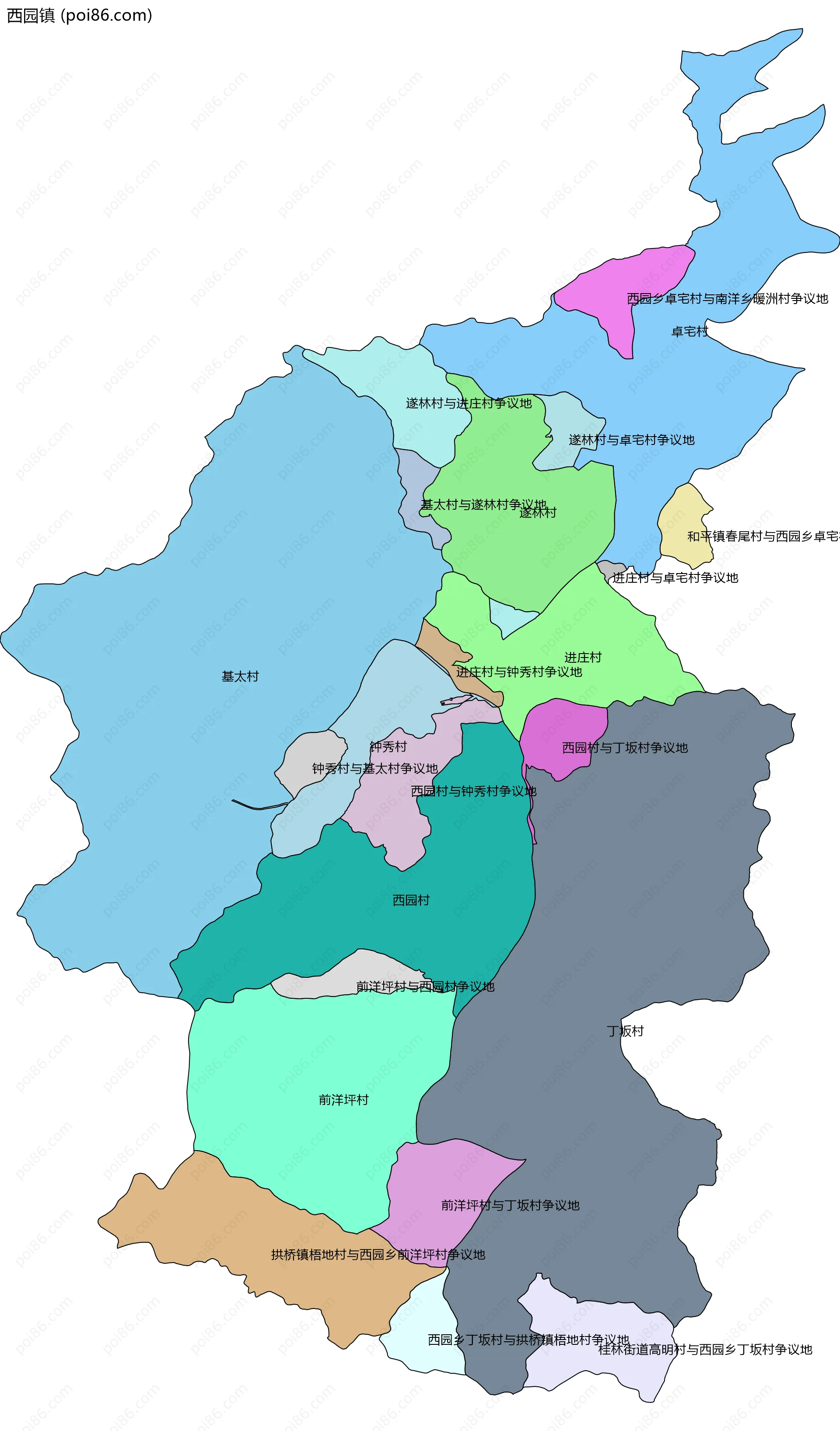 西园镇边界地图(五级行政区划)