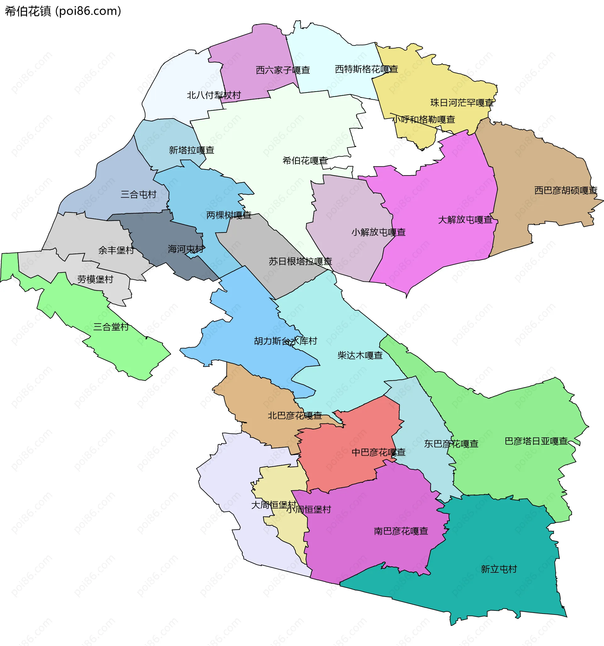 希伯花镇边界地图(五级行政区划)