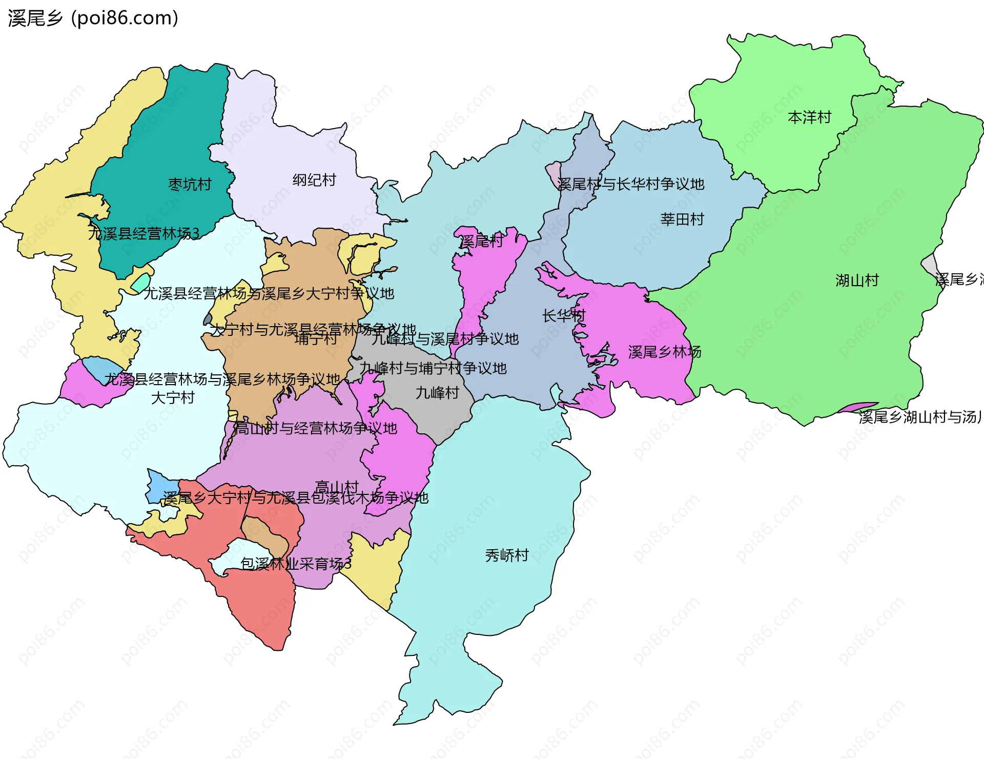 溪尾乡边界地图(五级行政区划)