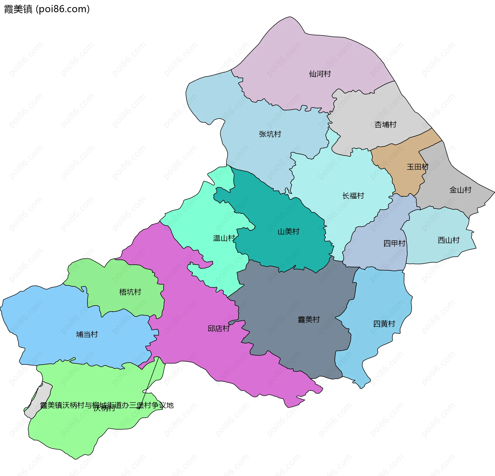 霞美镇边界地图(五级行政区划)