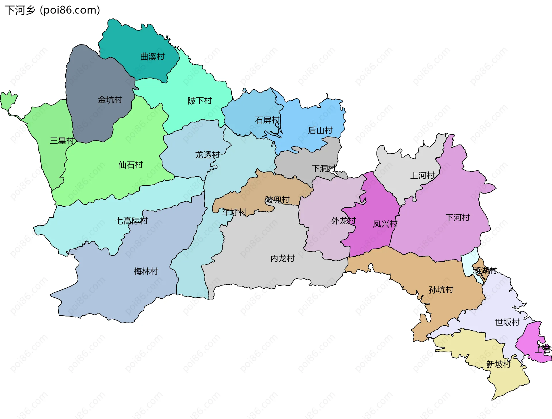 下河乡边界地图(五级行政区划)